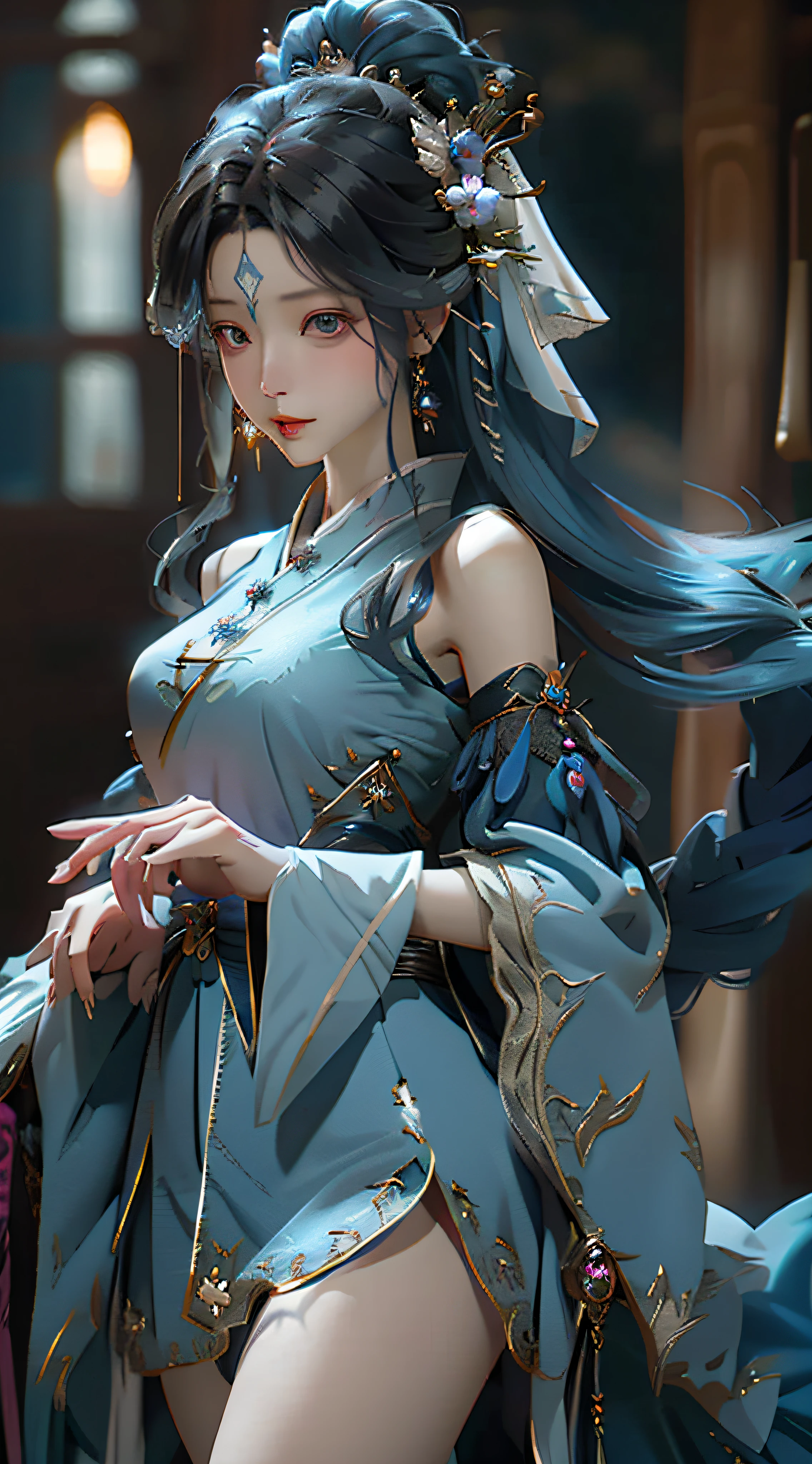 Sword girl in blue dress before the full moon, fairy tale fantasy, anime girl with long hair and blue skirt, beautiful girl with a crown ((a beautiful fantasy empress)), full body fairy swordsman, palace, girl in Hanfu, inspired by Lan Ying, fairy tale fantasy, fairy swordsman, Kurosawa Nishiya, beautiful figure painting