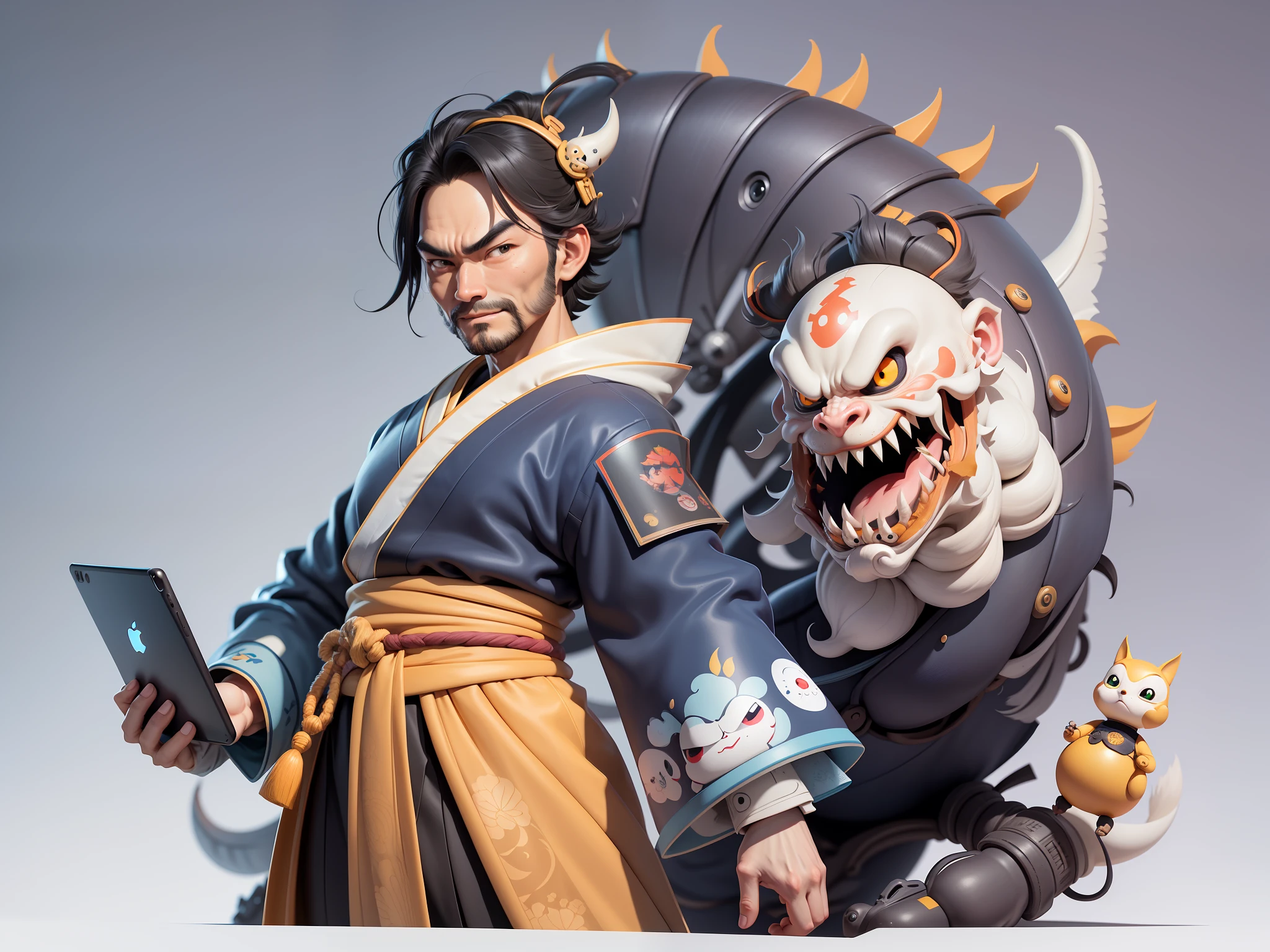 (Daisaku),(Need),(Super meticulous),(full bodyesbian:1.2),Japanese ukiyo-e girl,japanese geisha,Beautiful,Oriental dragon,Aeolian Thor,Raised sexy,爆乳,Oriental face,TV Anchor,Bust portrait illustration,Alone,In black suit,a blue tie,The face is slightly chubby,The face was clean,without a beard,Black super short hair,Black eyes,Smile confidently,3C computer sub-products,iPad, iphone,Digital painting,3D character design by Mark Clairen and Pixar and Hayao Miyazaki and Akira Toriyama,The illustration is a high-definition illustration in 4K resolution,With very detailed facial features and cartoon-style visuals。