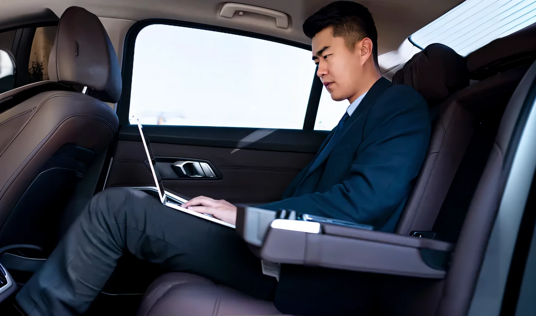 The Araffed man was in the car,A laptop is placed on his lap, A laptop is placed on his lap, sitting in front of the computer, sitting in front of the computer, Advanced technology, car commercial photograph, Typing on a laptop, inside car, very professional, Ergonomic, functional and elegant look, vd, professional, Professional work, Shot on Canon EOS R 6