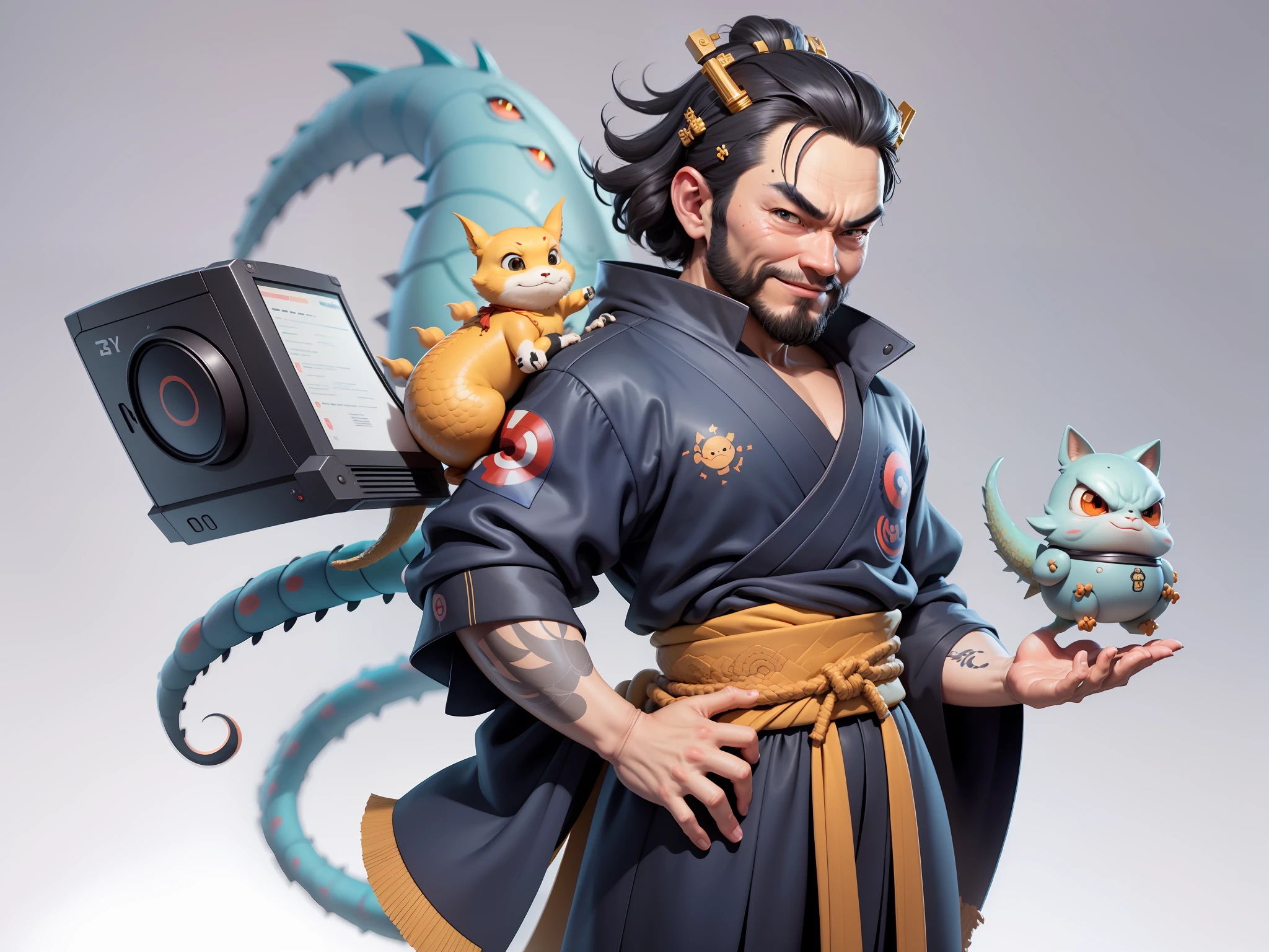 (Daisaku),(Need),(Super meticulous),(full bodyesbian:1.2),Japanese ukiyo-e girl,japanese geisha,Beautiful,Oriental dragon,Aeolian Thor,Raised sexy,爆乳,Oriental face,TV Anchor,Bust portrait illustration,Alone,In black suit,a blue tie,The face is slightly chubby,The face was clean,without a beard,Black super short hair,Black eyes,Smile confidently,3C computer sub-products,iPad, iphone,Digital painting,3D character design by Mark Clairen and Pixar and Hayao Miyazaki and Akira Toriyama,The illustration is a high-definition illustration in 4K resolution,With very detailed facial features and cartoon-style visuals。