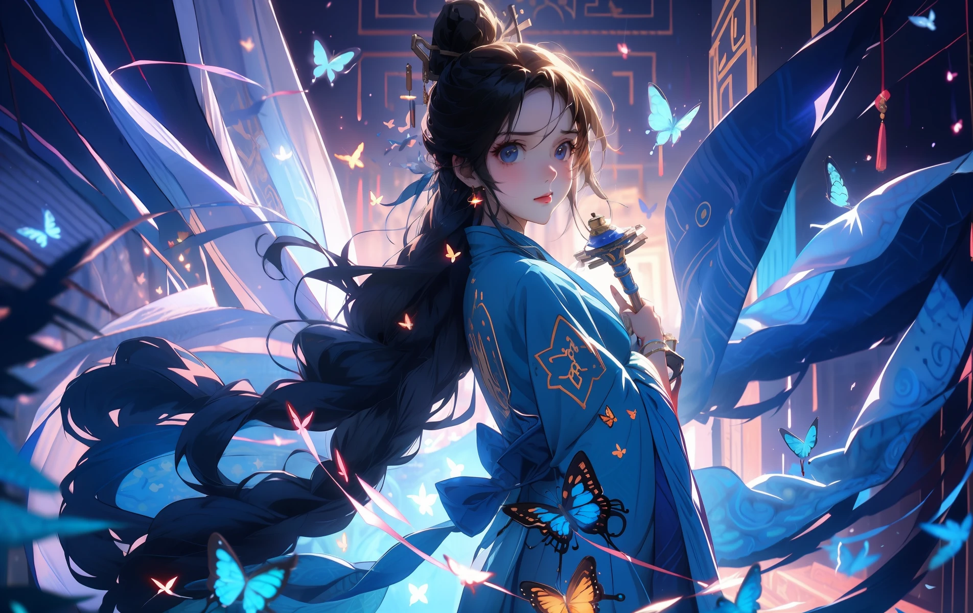 An anime girl，s the perfect face，Perfect facial features，closeup of face，Wearing a gorgeous blue robe，In the endless starry sky，Holding a lantern in his hand，Hair flutters in the wind，Butterflies flutter around，Starry Sky City as the background