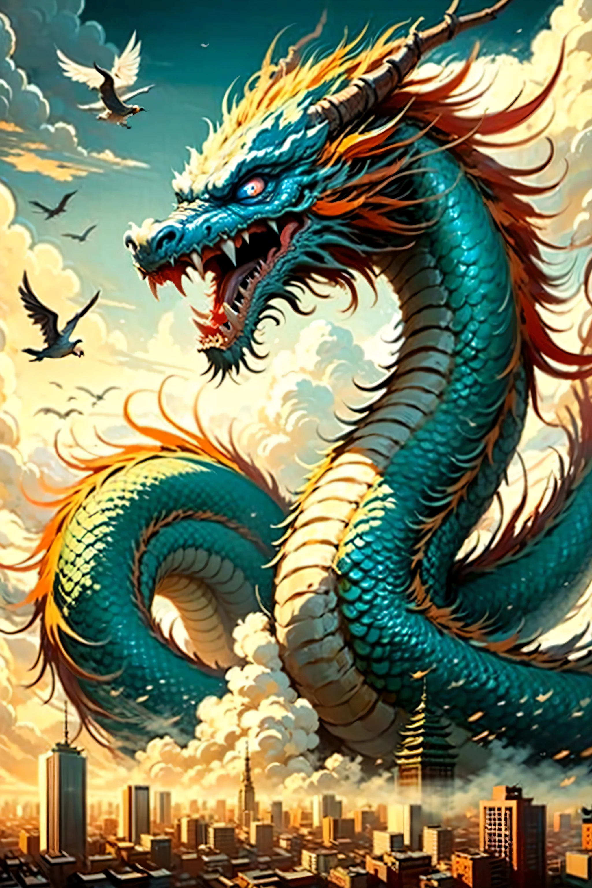 Best quality, masterpiece, ultra high res, nu no humans, (long:1.2),no humans, cloud, architecture, east asian architecture, Blue Eyes, horns, open mouth, sky, fangs, Blue eastern dragon, cloudy sky, teeth, flying, Wind, bird, wings, Cyberpunk Cityscape