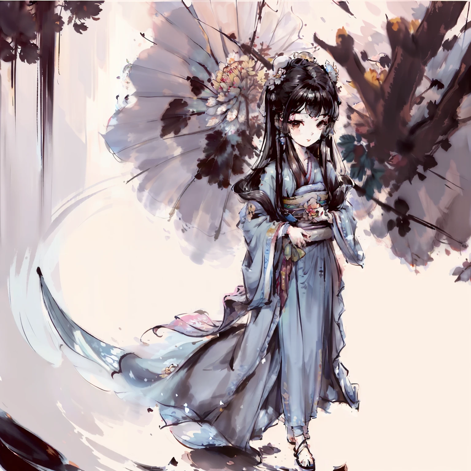 ((4k,masterpiece,best quality)), shuimobysim, Traditional chinese painting, lotuses, Hanfu, maxiskit, Dress conservatively 1girl, solo, blue long hair, ssmile, standing on your feet, Feet in the water, The barefoot,s girl