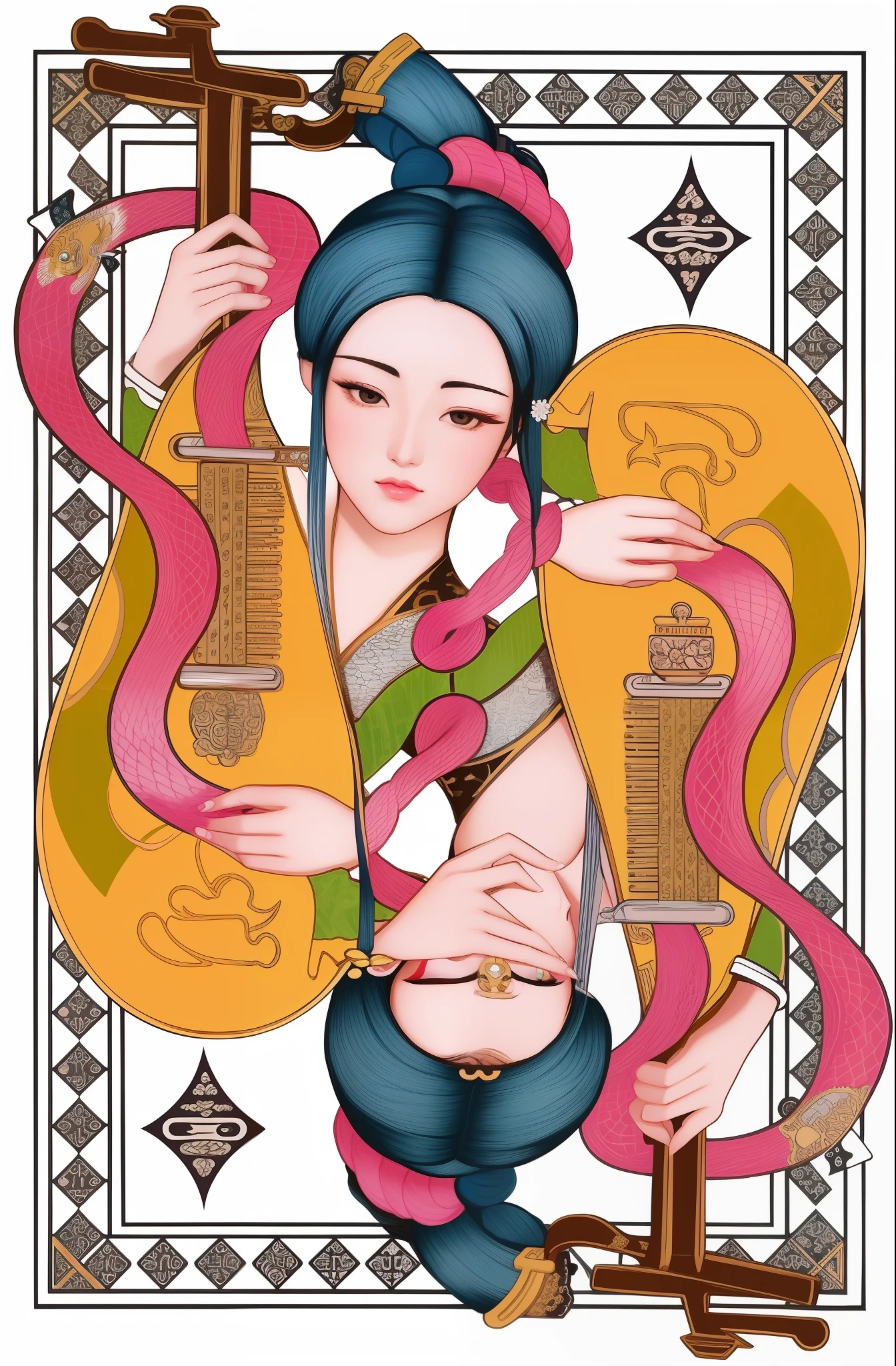 A drawing of a woman playing an instrument with a snake, symmetrical tarot illustration, inspired by Utagawa Kunisada II, inspired by Utagawa Kunisada III, inspired by Utagawa Kunisada, tarot card the empress, chinese empress, tarot design, high detal + tarot cards, inspired by Gao Kegong, inspired by Wang Yi