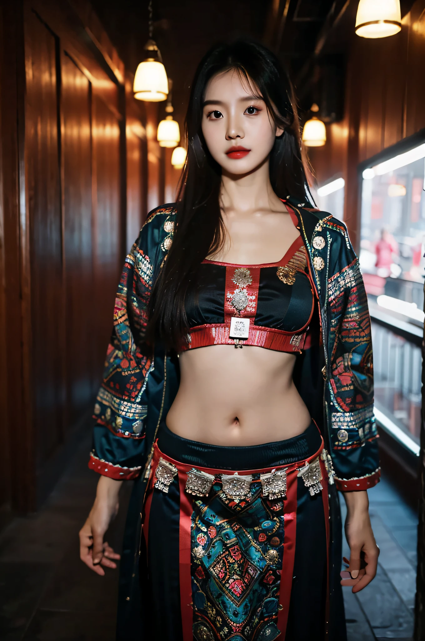 (Hyperrealistic,)4K,35mm,hyper-high detail, Professional lighting, Best quality, 超高分辨率, Visually stunning, (1girll:1.1), (Hmong clothing ),realskin,(Perfect body 1.3)(Ultra-delicate face),Open navel