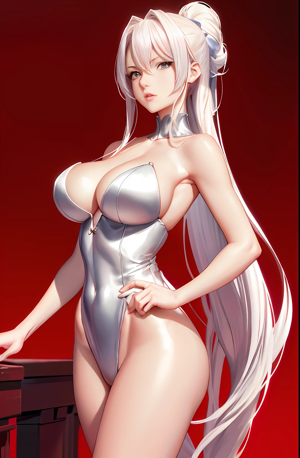 Master anime works，An impeccable masterpiece，8K picture quality: A mature noblewoman in cool sexy clothes standing on solid red background，Female boss，Flowing silver hair，Full-body standing，Slender legs，Straight breasts，Detailed facial details，Naturally beautiful standing，Vivid and authentic body details