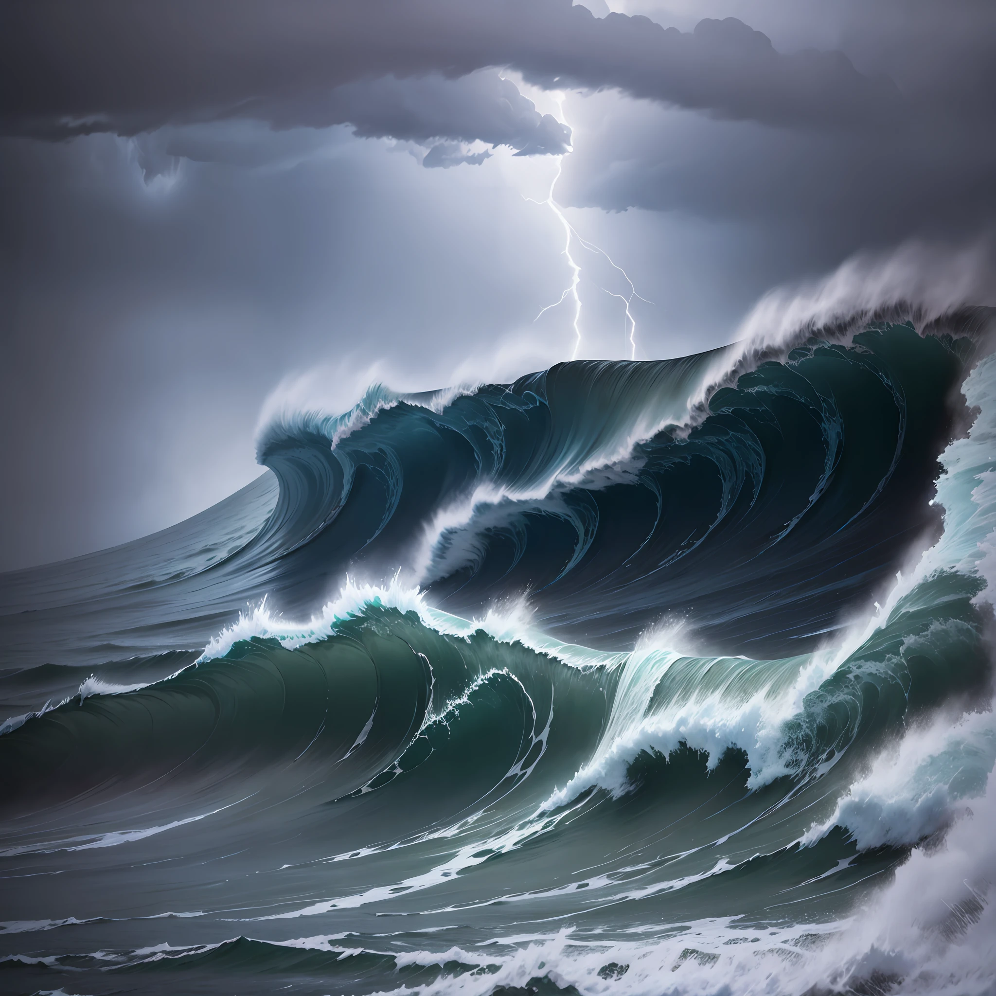 Soldiers battling the elements, fierce storm, lightning bolts, tumultuous waves, captivating oceanic power. --auto