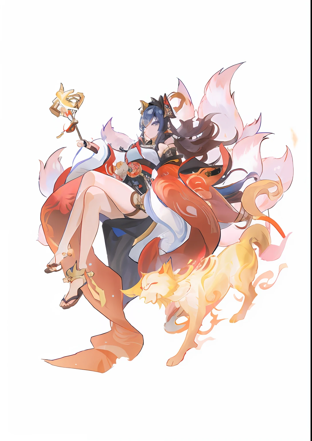 anime girl with a cat and a dog on her back, Onmyoji detailed art, onmyoji, onmyoji portrait, ahri, kitsune holding torch, a beautiful kitsune woman, mizutsune, by Yang J, Kitsune, Nine tails, offcial art, nezuko, full-body xianxia, zhongli from genshin impact