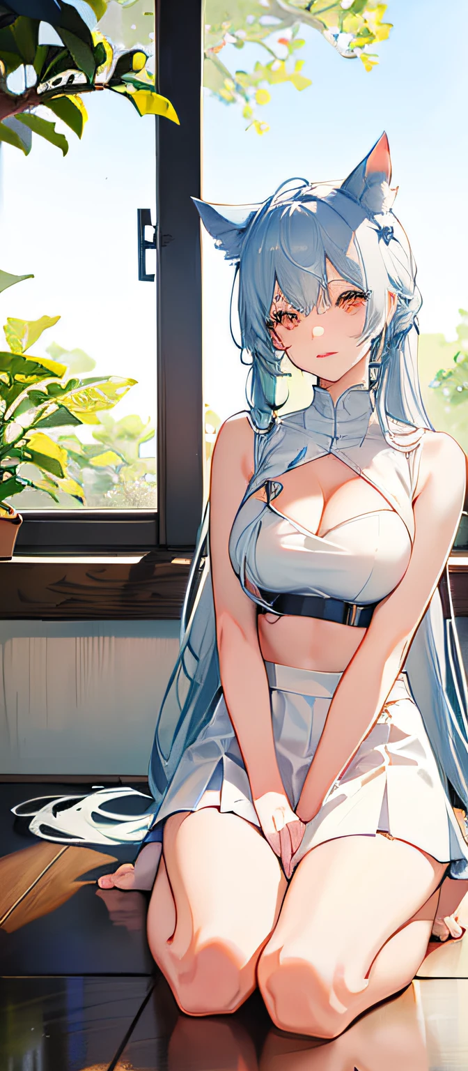 White T-shape,dual horsetail,Sit in the classroom,cropped shoulders,cleavage,White bra,Bare legged,Barefoot,with fair skin,is shy,Raised sexy,Fuller
