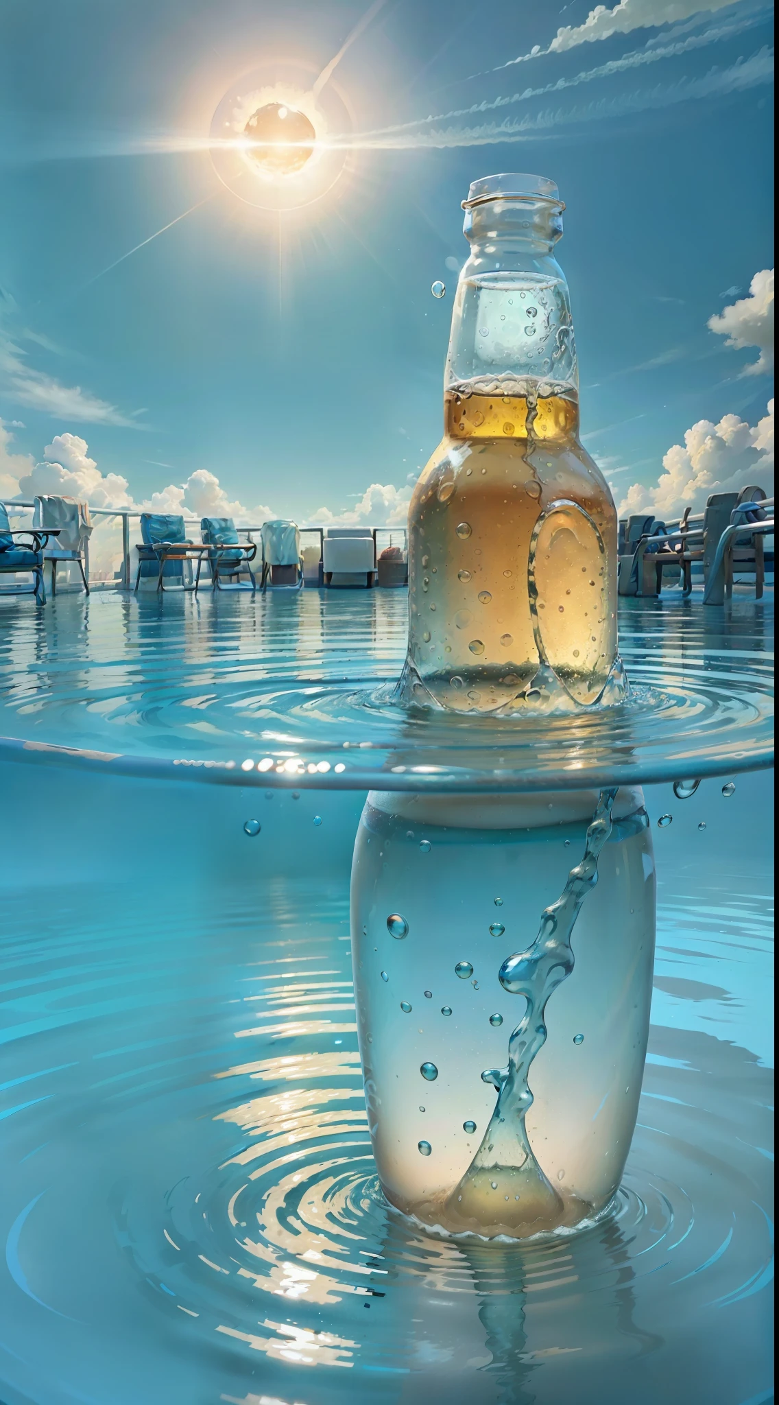 Prospect 6 beer bottles,The bottle is half-immersed in water,Huge circular open air pool background,poolparty,The color is bright,Blue sky,A few white clouds,夏天,the Sun Shining