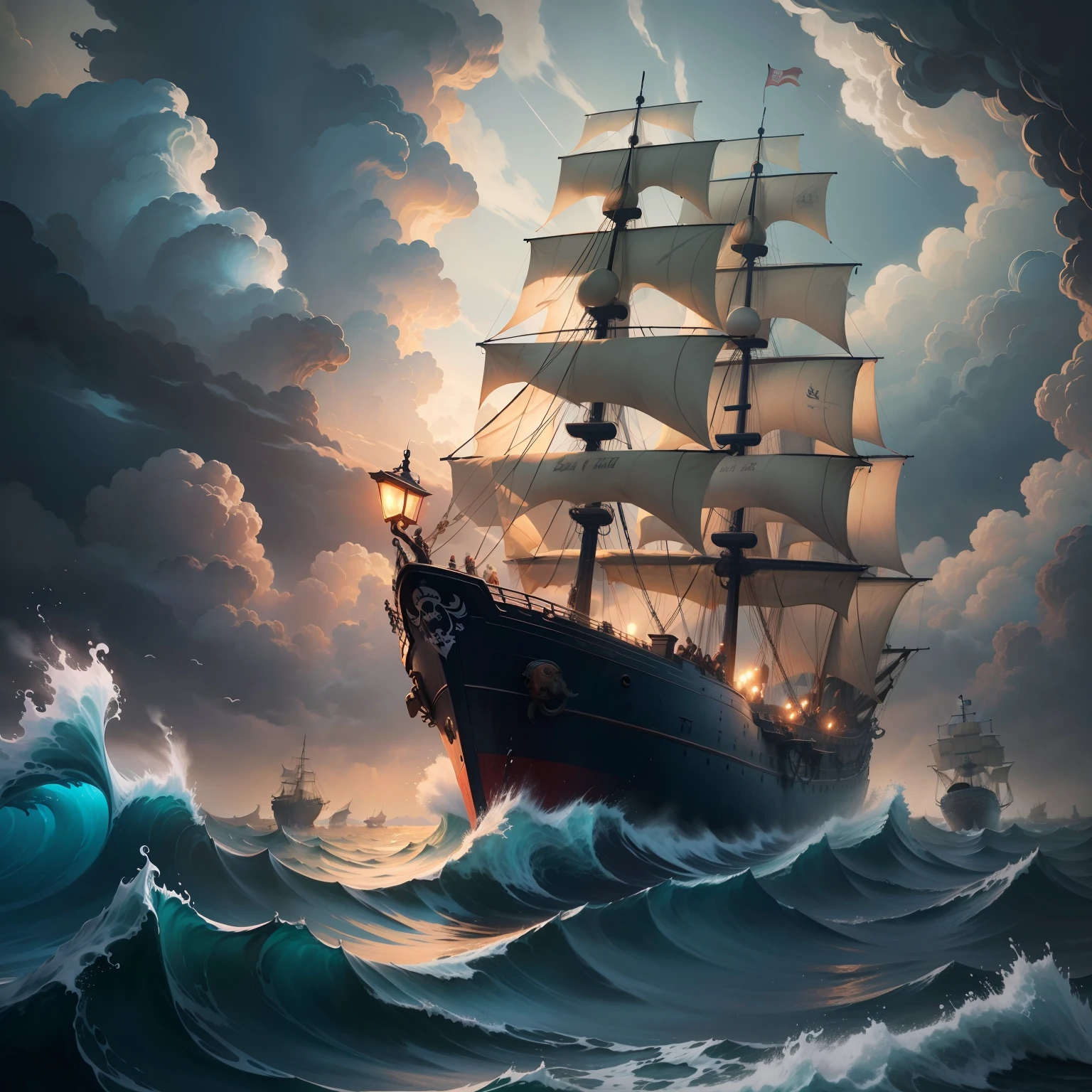 On the eve of the storm,One ship
Pirate ships sail in rough seas
Surging seas。