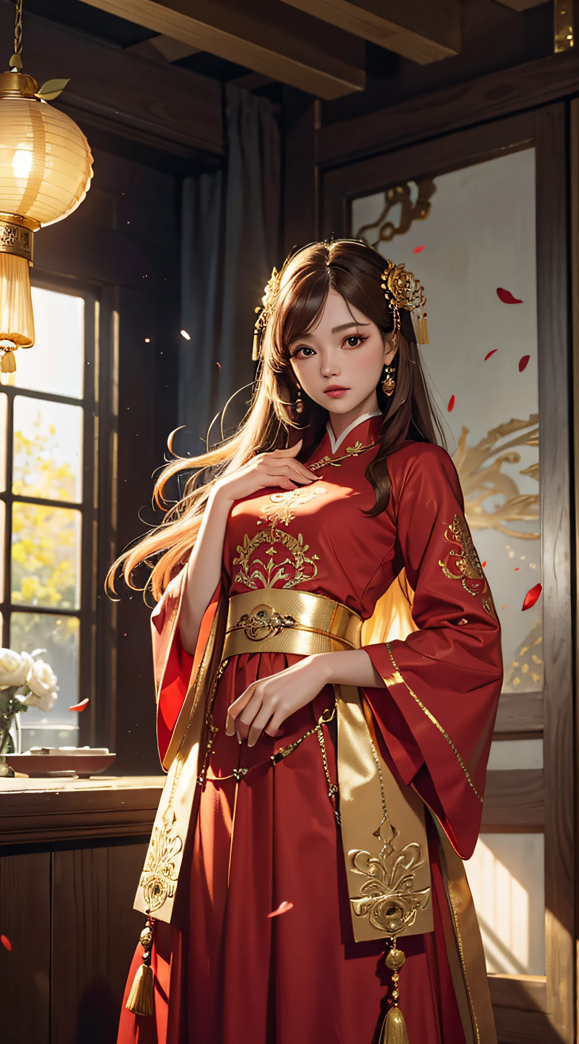 best quality, masterpiece, highres, (exquisite body:1.5),gorgeous face,(milky skin:1.3),intricate details,high resolution,wallpaper,
1girl, solo, dress, hair ornament, (((gold and red dress))), flowers, long hair, brown hair, closed mouth, jewelry, long sleeves, hand up, wide sleeves, big eyes,floating hair, chinese clothes, hanfu, embroidery, long skirt, natural pose, falling petals, indoor,fanning, lantern,
16K,HDR,highres,depth field,(film grain:1.1),boken,golden hour,(lens flare),vignette,rainbowing,(color grading:1.5)