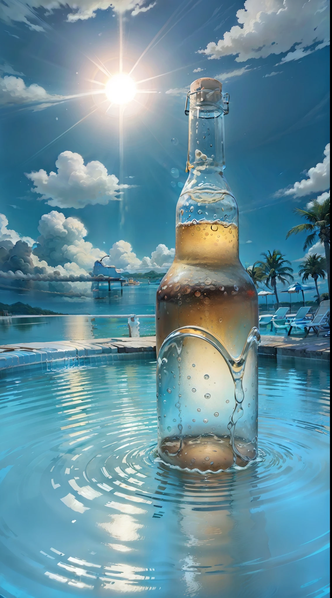 Prospect 6 beer bottles,The bottle is half-immersed in water,Huge circular open air pool background,poolparty,The color is bright,Blue sky,A few white clouds,夏天,the Sun Shining
