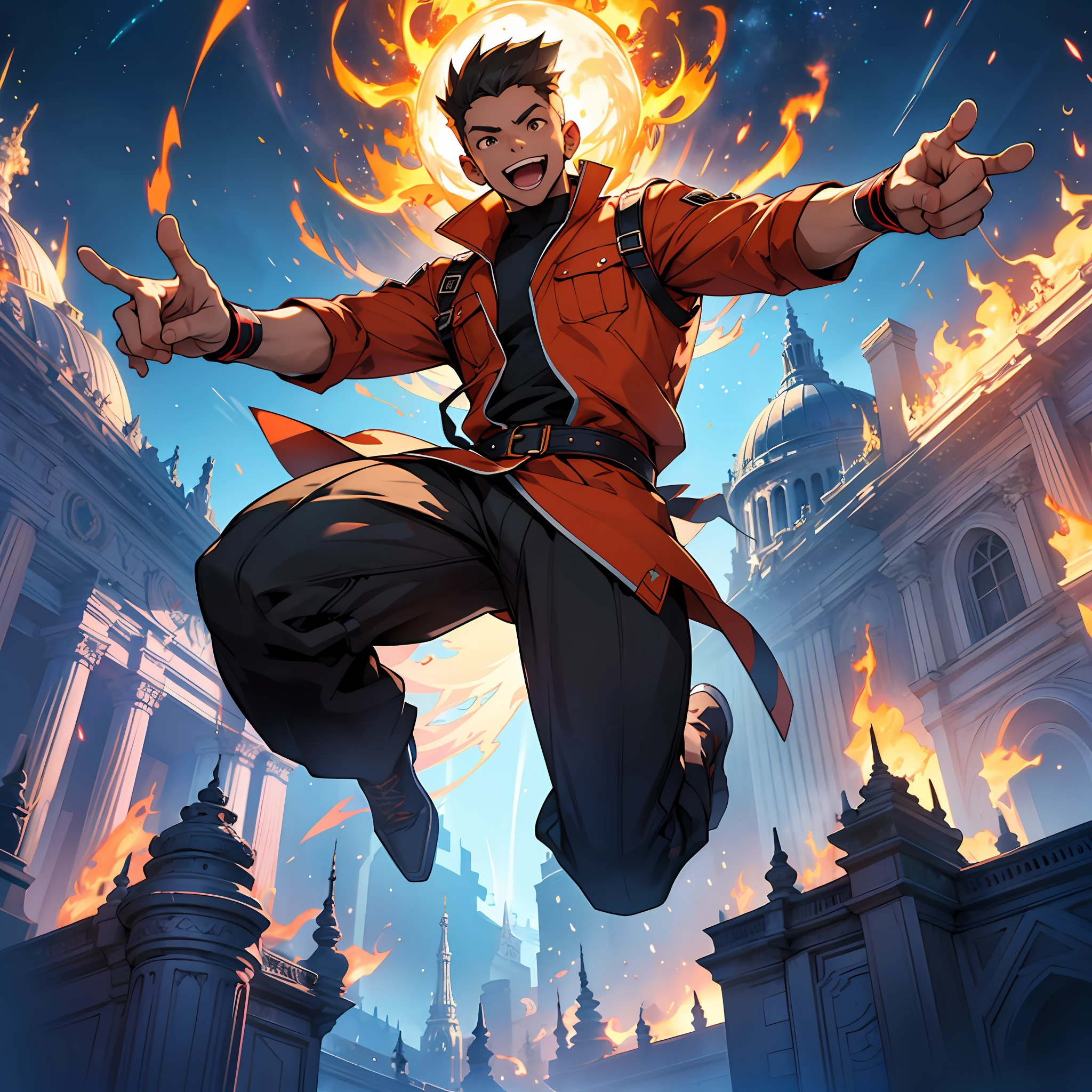 "Man jumping mid-air, striking a confident pose, with a joyful expression, pointing towards the camera, against the backdrop of a stunning architectural marvel adorned with dazzling lights, surrounded by bursts of fiery flames." --auto