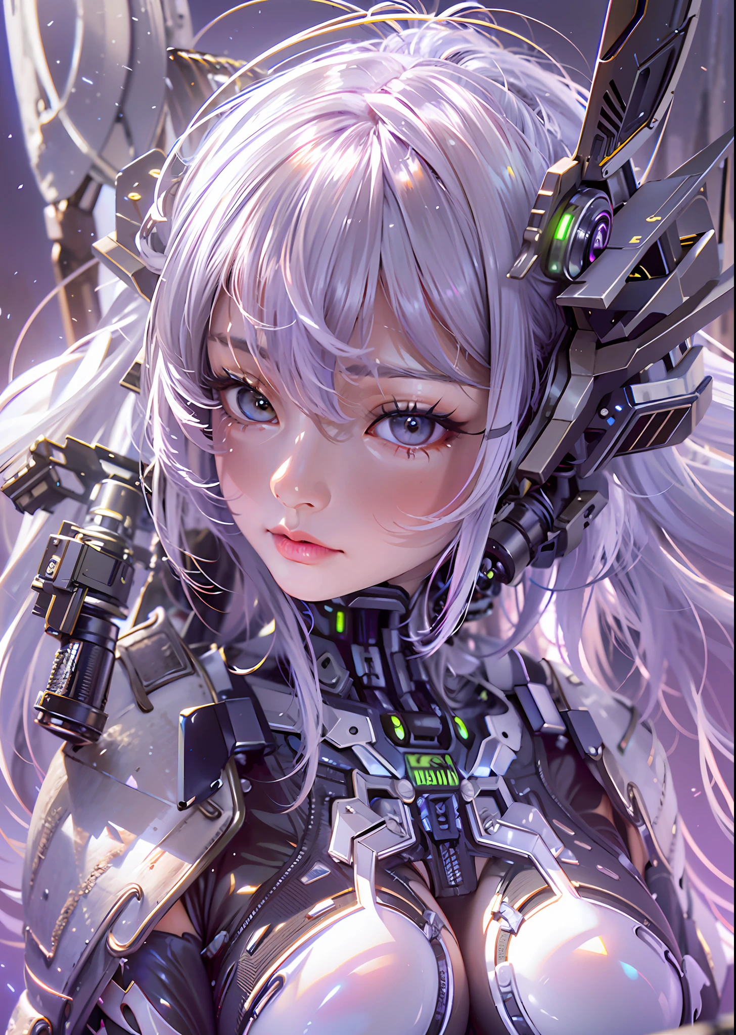 top-quality、masterpiece、超A high resolution、(Photorealsitic:1.4)、Raw photo、Battle Cyborg Angel、large wings made of metal、White porcelain body、Acrylic Clear Cover、white hair、glowy skin、1 Cyborg Girl、((super realistic details))、portlate、globalillumination、Shadow、octan render、8K、ultrasharp、character edge light,Colossal tits、Raw skin is exposed in cleavage、Details of complex ornaments、Greek Detail、Hydraulic cylinder、Small LED lamp、highly intricate detail、Realistic light、a purple eye、radiant eyes、Facing the camera、neon details、cowboy shot、Futuristic headgear、About Cyberpunk、、