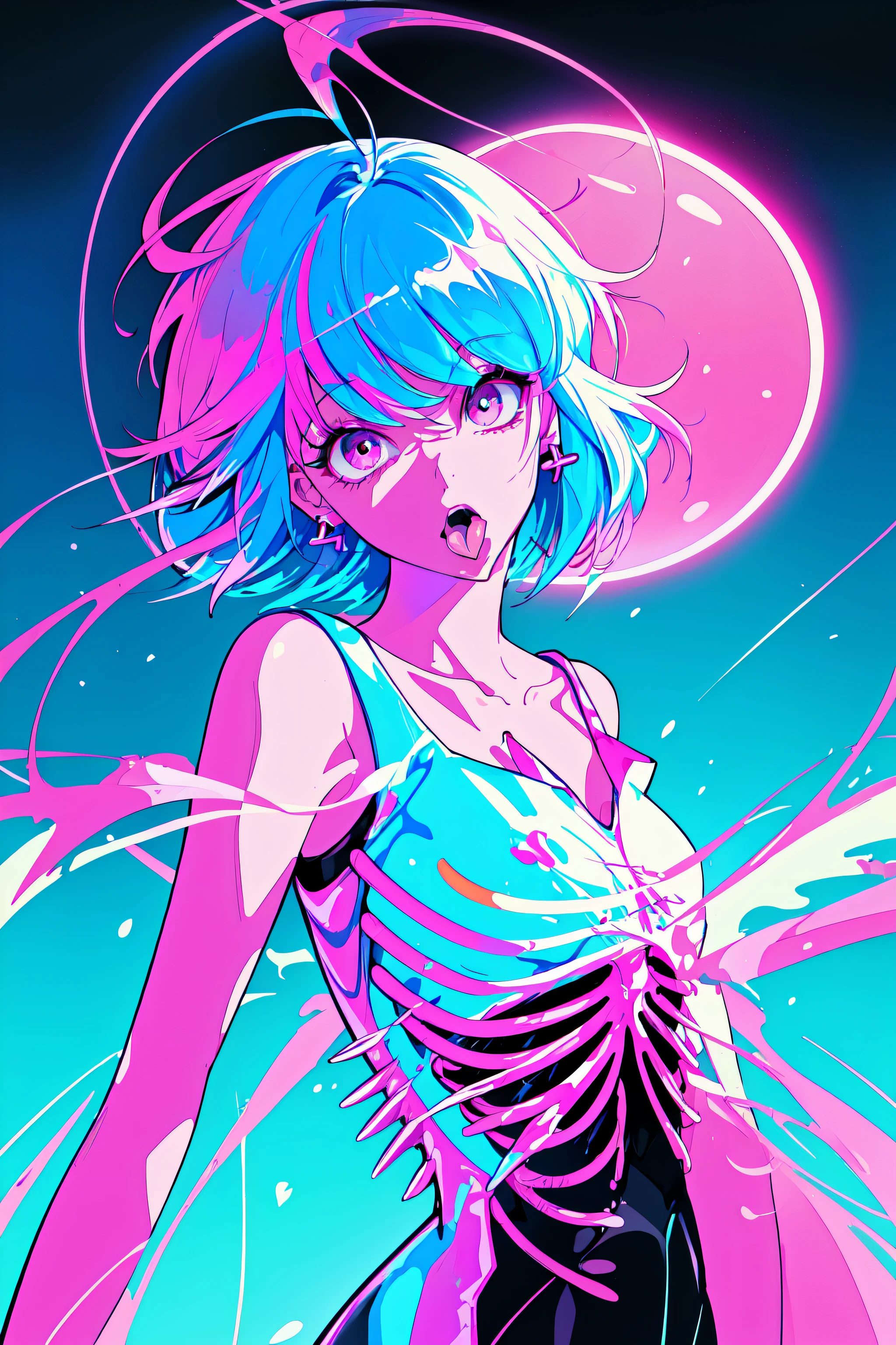Neon Dreams, (masterpiece, best quality, ultra-detailed, highres, best illustration),perfect face, ((solo, solo focus, kawaii, neon rim lighting, neon back lights )),side lighting, epic, illustration, render, volumetric lighting, welcoming, see-through gossamer, lustrous skin,(bloom), (shine), 1girl, solo, looking at viewer, short hair, open mouth,shirt, blue hair, collarbone, upper body, pink hair, ahoge, short sleeves, earrings, tongue, tongue out, pink eyes, off shoulder, colored inner hair, x-ray, ribs, skeleton, bone, spine, skeleton print, specular highlights, neon theme, neon futurism, dynamic angle, dynamic pose,city background