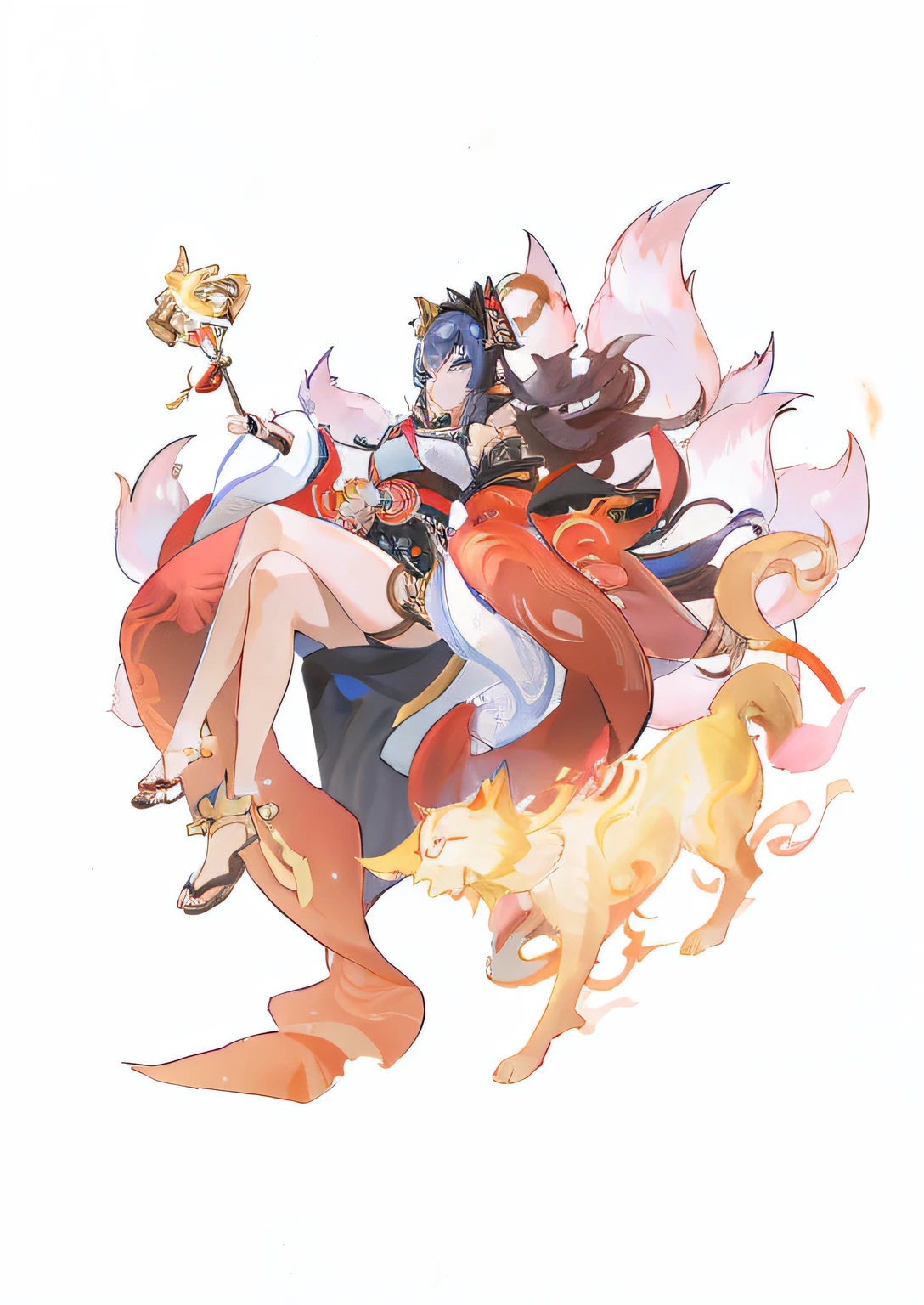 anime girl with a cat and a dog on her back, Onmyoji detailed art, onmyoji, onmyoji portrait, ahri, kitsune holding torch, a beautiful kitsune woman, mizutsune, by Yang J, Kitsune, Nine tails, offcial art, nezuko, full-body xianxia, zhongli from genshin impact