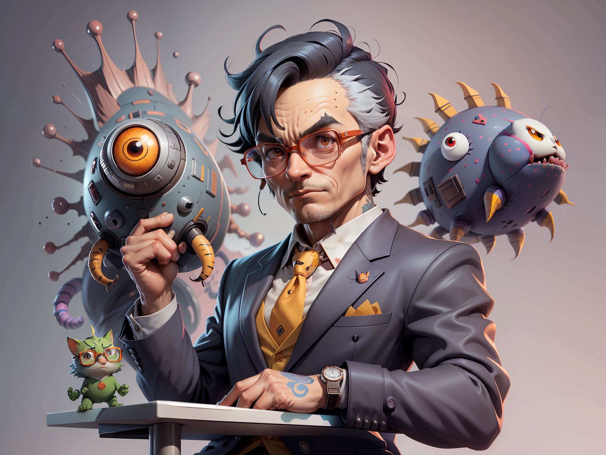 A young man in a suit, Short hair and glasses sat at his desk，holding laptop，digitial painting，tigre，3D character design by Mark Clairen and Pixar and Hayao Miyazaki and Akira Toriyama，4K HD illustration，Very detailed facial features and cartoon-style visuals。
