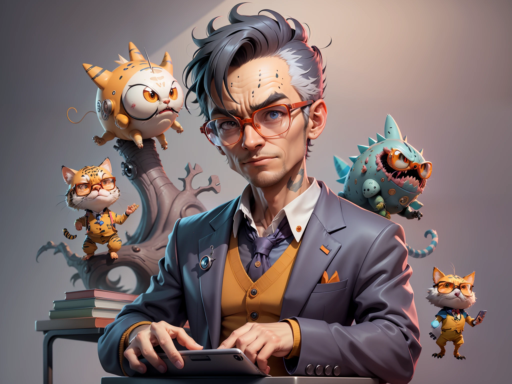A young man in a suit, Short hair and glasses sat at his desk,holding laptop,digitial painting,tigre,3D character design by Mark Clairen and Pixar and Hayao Miyazaki and Akira Toriyama,4K HD illustration,Very detailed facial features and cartoon-style visuals。