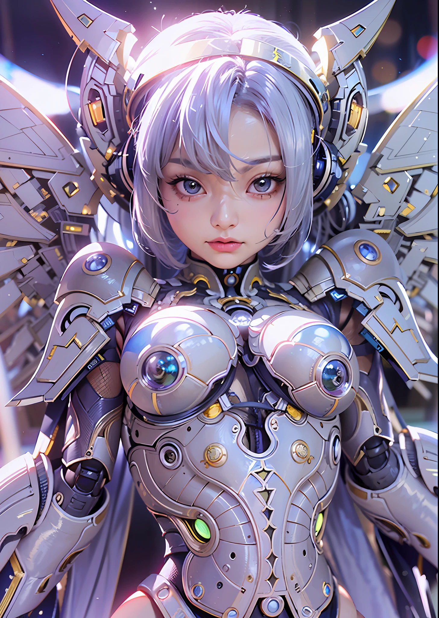 top-quality、masterpiece、超A high resolution、(Photorealsitic:1.4)、Raw photo、Battle Cyborg Angel、large wings made of metal、White porcelain body、Acrylic Clear Cover、white hair、glowy skin、1 Cyborg Girl、((super realistic details))、portlate、globalillumination、Shadow、octan render、8K、ultrasharp、character edge light,Colossal tits、Raw skin is exposed in cleavage、Details of complex ornaments、Greek Detail、Hydraulic cylinder、Small LED lamp、highly intricate detail、Realistic light、a purple eye、radiant eyes、Facing the camera、neon details、cowboy shot、Futuristic headgear、About Cyberpunk、、