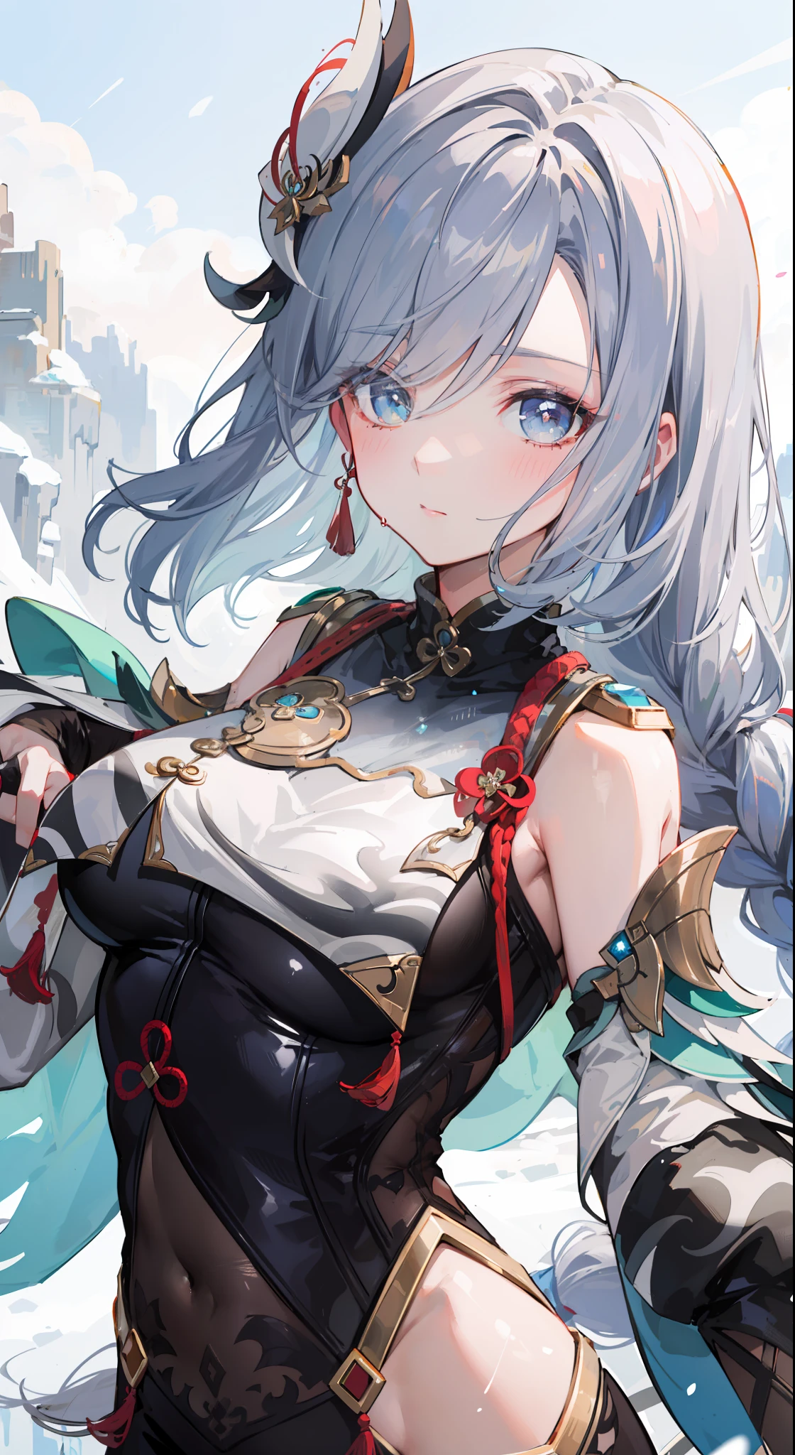 shenhedef, upper body, seductive look, blush, outdoors, snowflake scenery, looking at viewer, mountain, moody lighting, (perfect detail eyes:1.2), glowing eyes, (long hair one braid:1.2). wet armpit, exposing armpit, armpit pose, (Masterpiece, Best Quality, High Quality:1.4), professional artwork, Intricate Details, field of view, sharp focus, detailed painting, photorealistic lighting, trending on pixiv, (vivid lighting, vibrant colors:1.05), realistic shadows, ambient occlusion