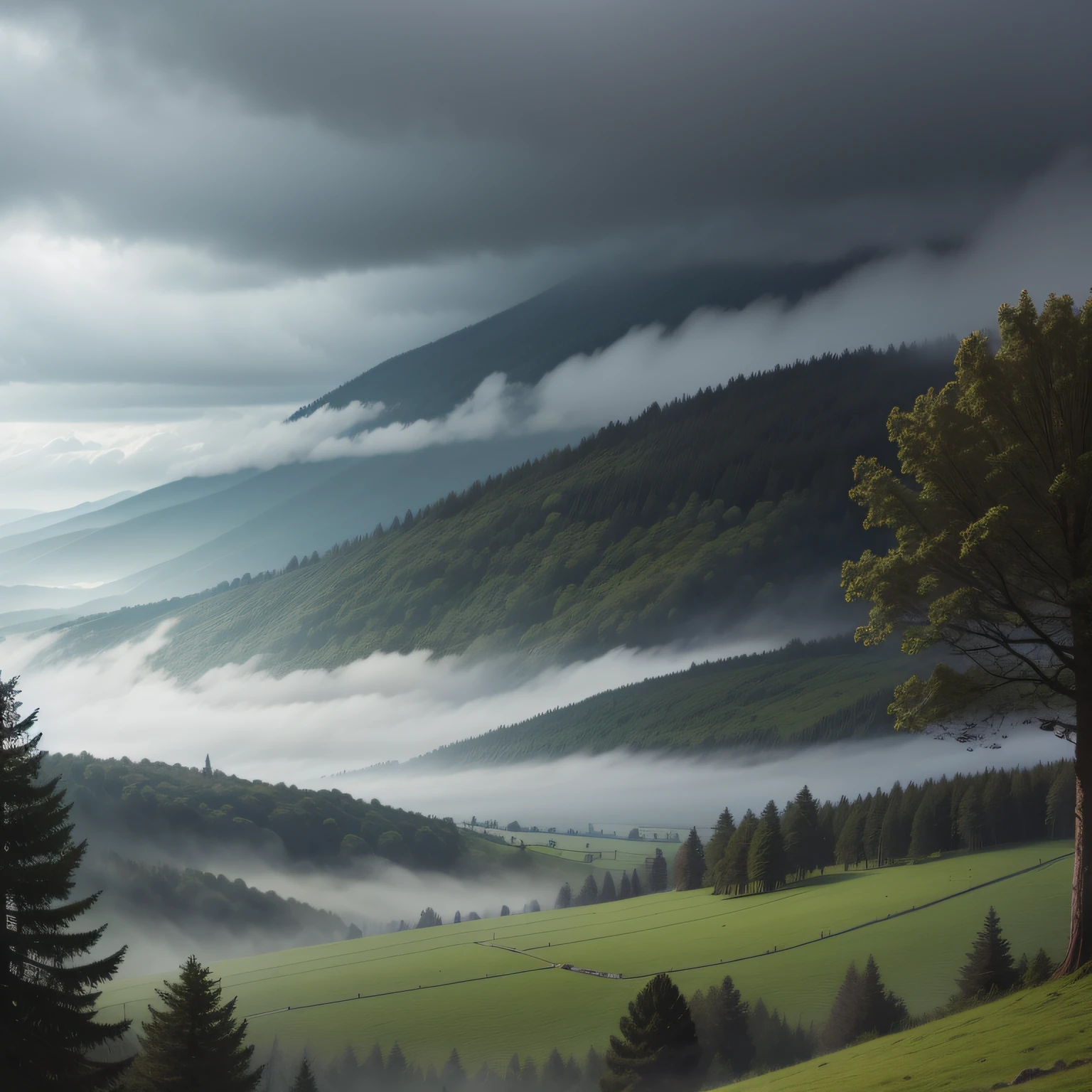 plane trees,Close-up view of the woods,In the distance are mountains,surrounded by cloud,Foggy rain,great outdoors,in a serene landscape