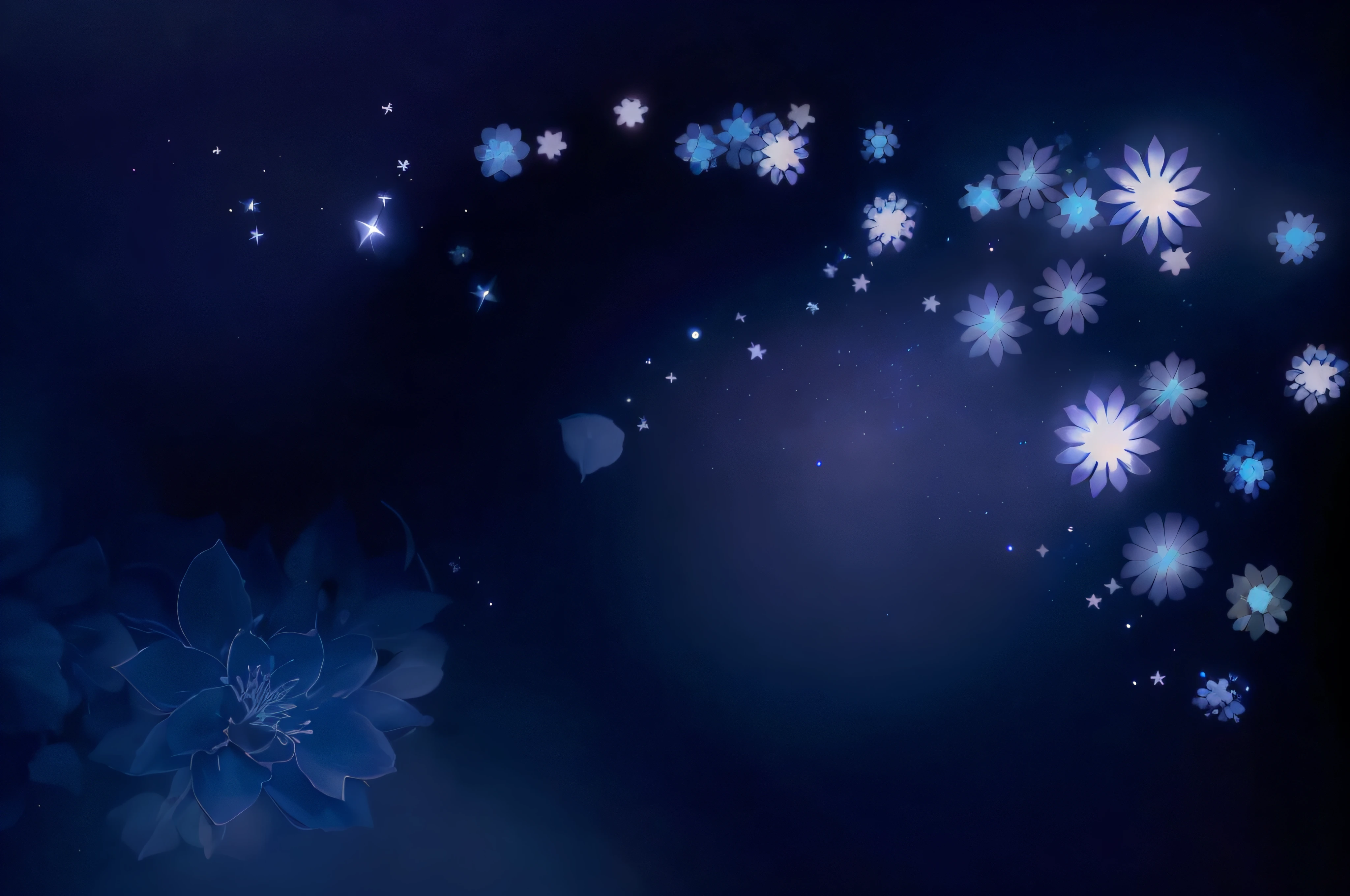 There is blue background with white flowers and stars, night sky full of flowers, Night background, Magical background, background artwork, fairy tale style background, Starry background, indigo background, magical fairy background, dreamy floral background, Cosmic night background, Dark blue background, dark and stars in the background, background is made of stars, The stars sparkle in the night, celestial background