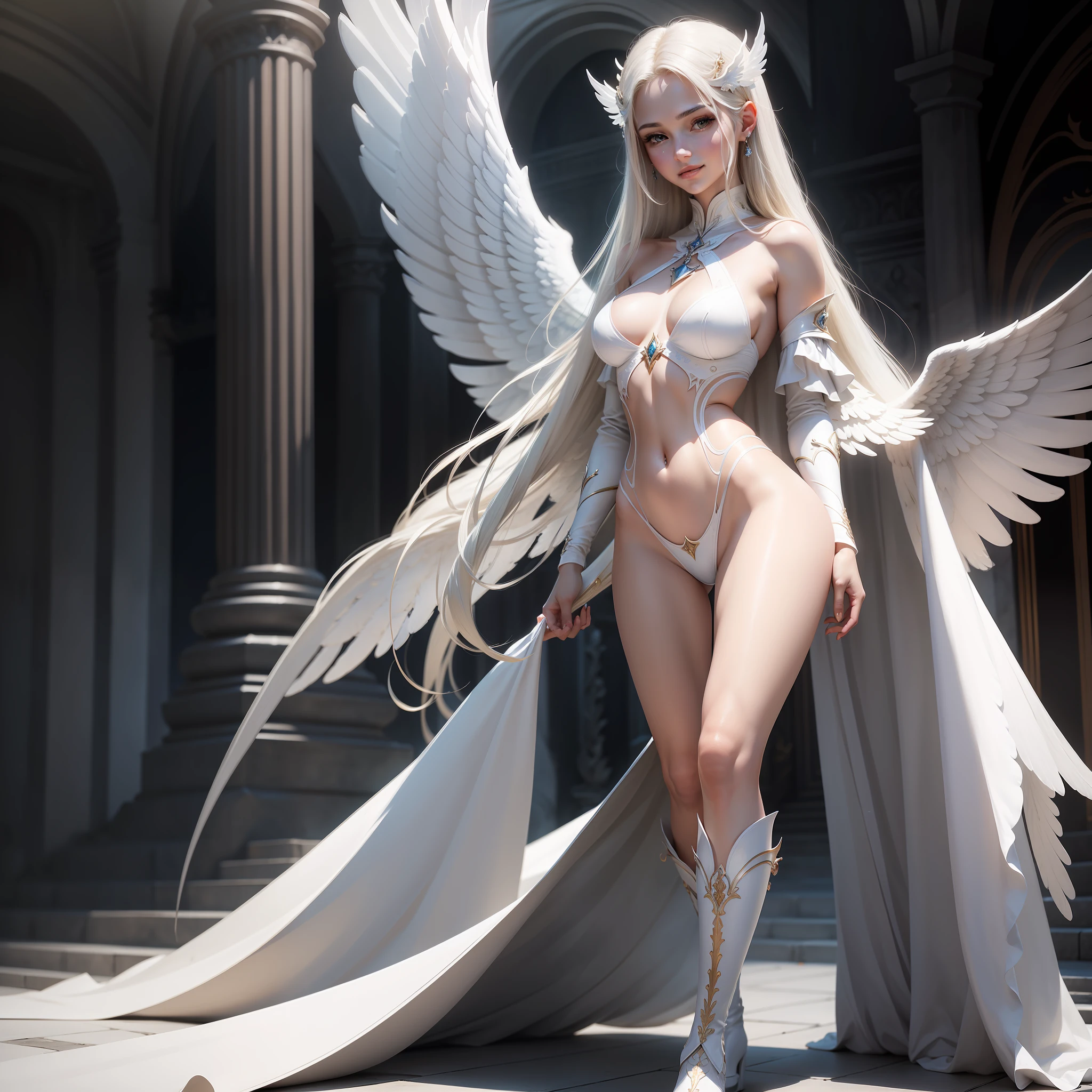 angelicales,Delicate and mature female angel,delicated face,Delicate skin,A satisfied smile,White skin of the,full bodyesbian,Long legs,battle garment,(Medium chest),beauitful face,boot,