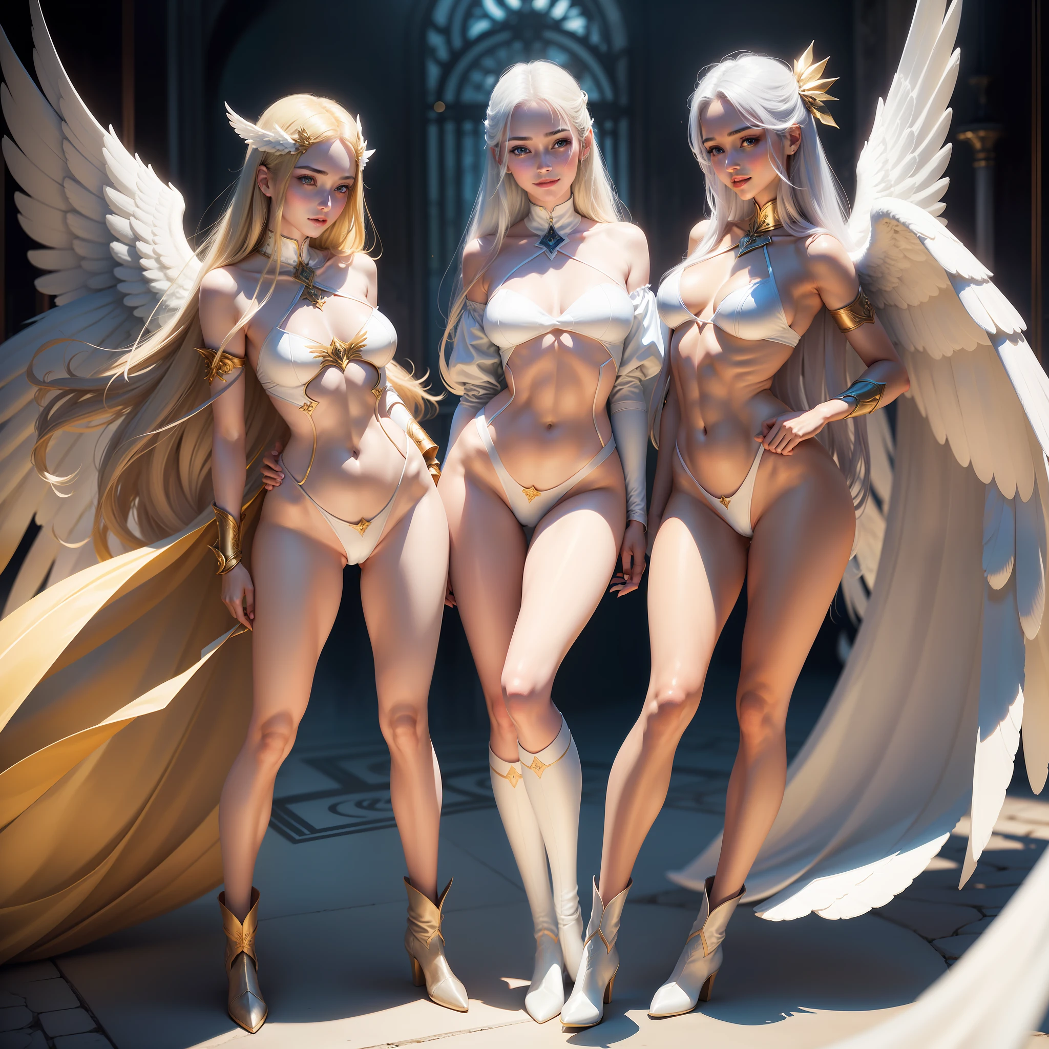 angelicales,Delicate and mature female angel,delicated face,Delicate skin,A satisfied smile,White skin of the,full bodyesbian,Long legs,battle garment,(Medium chest),beauitful face,boot,