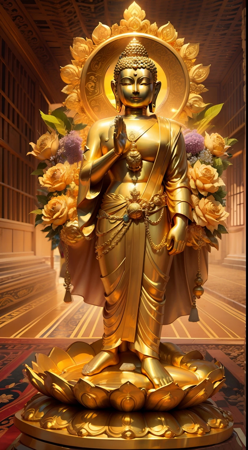 Golden Buddha statue with a shining halo on it, buddhism, the buddha, budista, Buddha, samsara, enlightenment, beautiful gold saint, Spiritual enlightenment, Pushkarakuha, Enlightenment, buddhist art, Shining golden aura, Enlightenment. Convoluted, on path to enlightenment, on path to enlightenment, radiating golden light