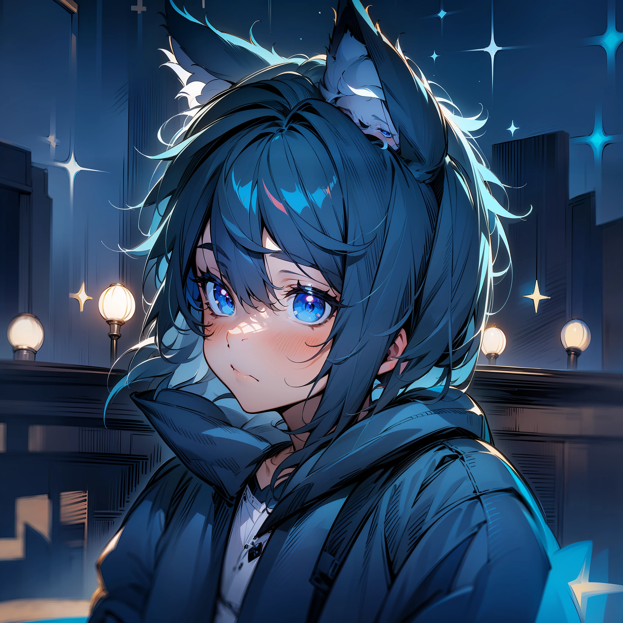 hand painted style, 1boy, shota, cute teen character, dark gray hair, blue eyes, wolf ears, little boy, a pinch of blue bangs, looking at the stars, masterpieces, 8k, Cinematic lighting effects, night, (solo)