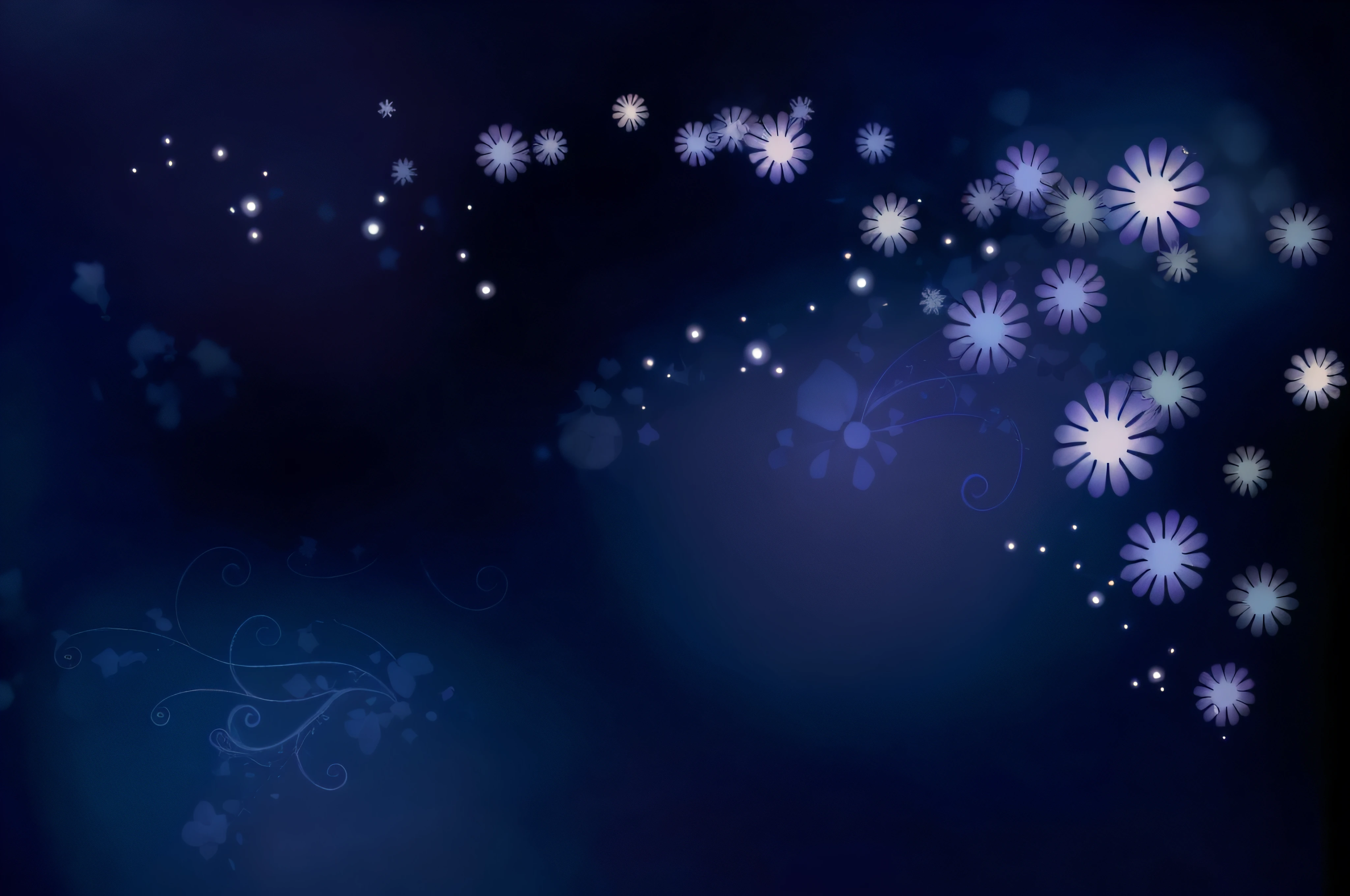 There is blue background with white flowers and stars, night sky full of flowers, Night background, Magical background, background artwork, fairy tale style background, Starry background, indigo background, magical fairy background, dreamy floral background, Cosmic night background, Dark blue background, dark and stars in the background, background is made of stars, The stars sparkle in the night, celestial background