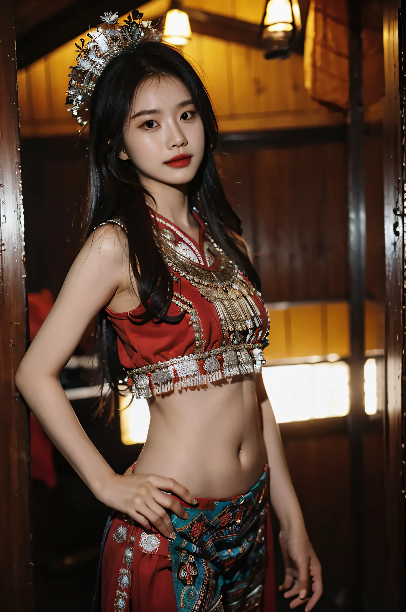 (Hyperrealistic,)4K,35mm,hyper-high detail, Professional lighting, Best quality, 超高分辨率, Visually stunning, (1girll:1.1), (Hmong clothing ),realskin,(Perfect body 1.3)(Ultra-delicate face),Open navel