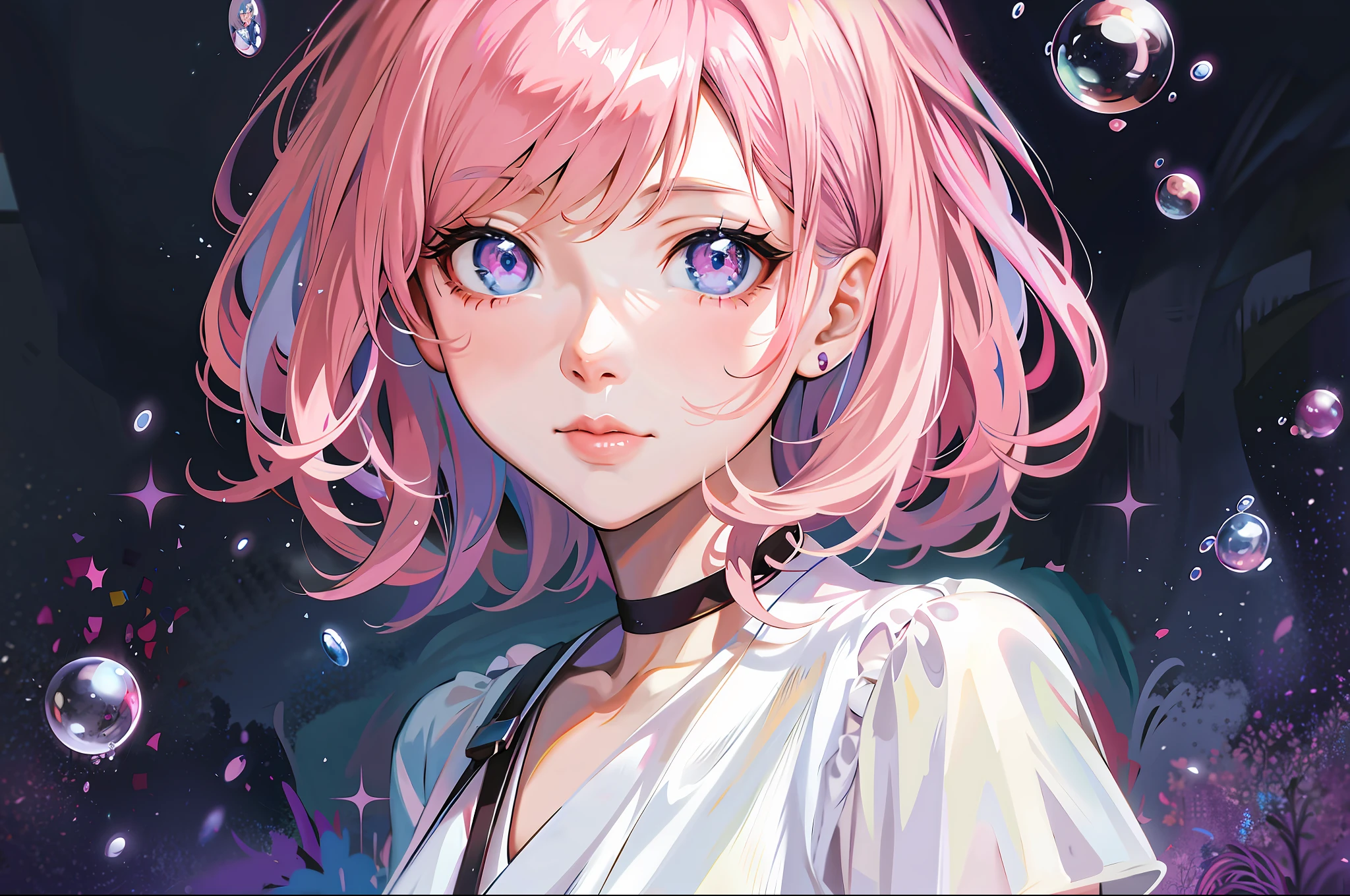 Anime girl with pink hair and blue eyes in front of bubbles, detailed portrait of an anime girl, Anime style portrait, a beautiful anime portrait, style of anime4 K, portrait anime girl, portrait of cute anime girl, portrait of an anime girl, cute girl with short pink hair, Anime girl portrait, Portrait of an anime girl, Cute anime girl portrait, Stunning anime face portrait
