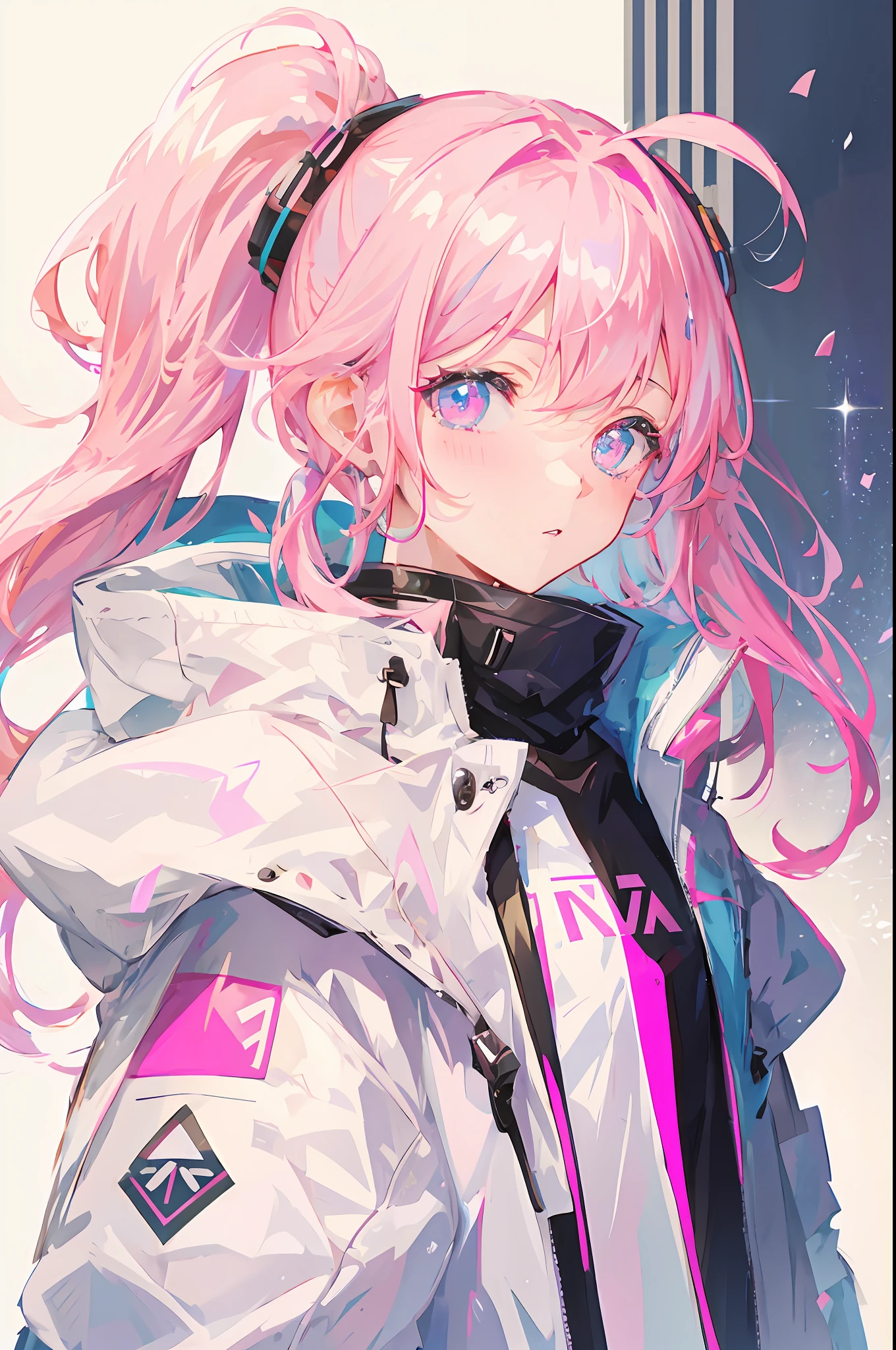Anime girl with pink hair and blue eyes in a white jacket, Best anime 4k konachan wallpaper, style of anime4 K, pink twintail hair and cyan eyes, Anime art wallpaper 8 K, Anime art wallpaper 4 K, Anime art wallpaper 4k, Guweiz in Pixiv ArtStation, Anime wallpaper 4K, Anime wallpaper 4 k