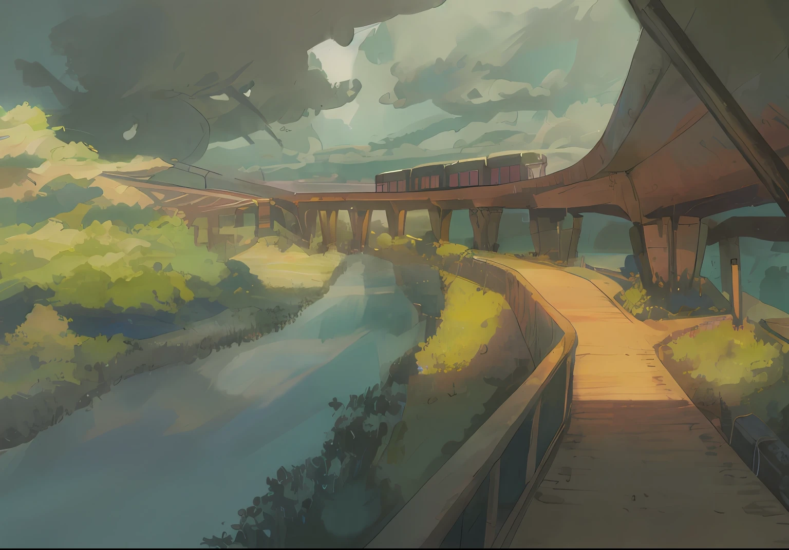 Draw a train on the track with a bridge in the background,landscape perspective, accurately drawn details, 4K. Detailed drawing, concept-art!, aquarelle