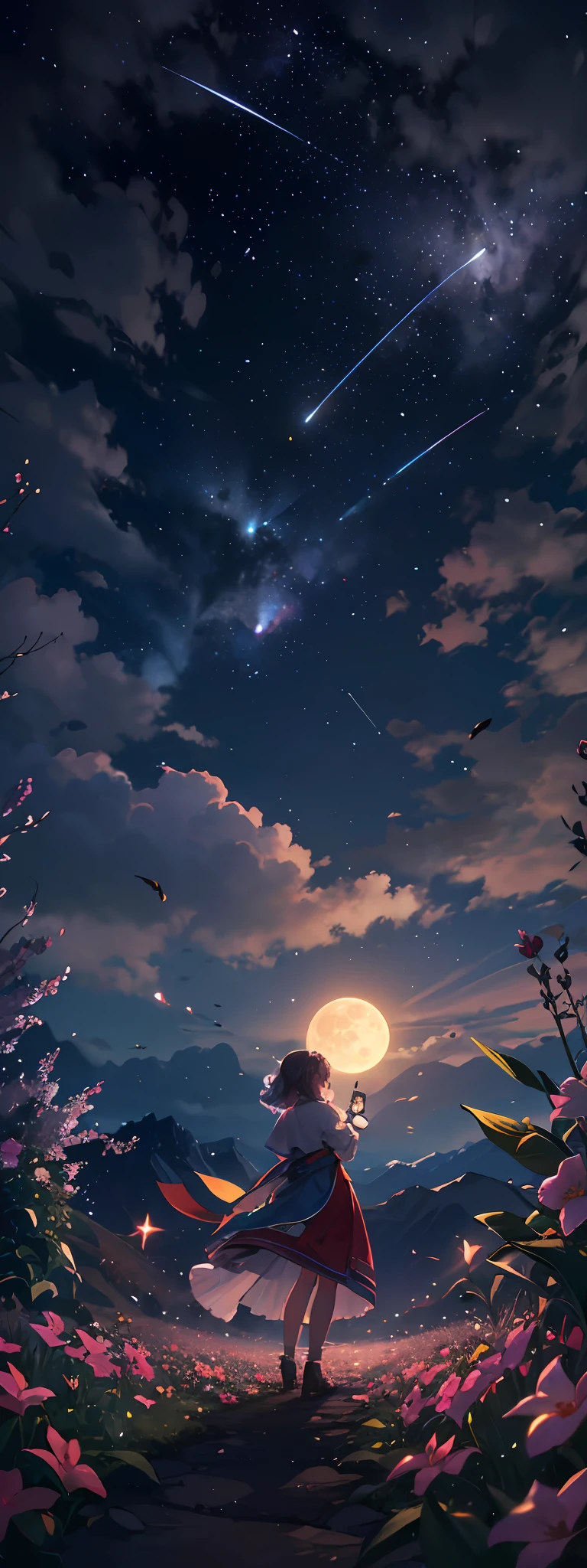 Expansive landscape photograph, (view from below with a view of the sky and the wilderness below), girl standing in a flower field looking up, (full moon: 1.2), (shooting star: 0.9), (nebula: 1.3), distant mountain, tree break production art, (warm light source: 1.2), (firefly: 1.2), lamp, purple and orange, intricate detail, volume lighting BREAK (masterpiece: 1.2), (highest quality ), 4k, ultra-detailed, (dynamic configuration: 1.4), highly detailed and colorful details (iridescent: 1.2), (sparkling lighting, atmospheric lighting), dreamy, magical, (solo: 1.2) --auto --s2
