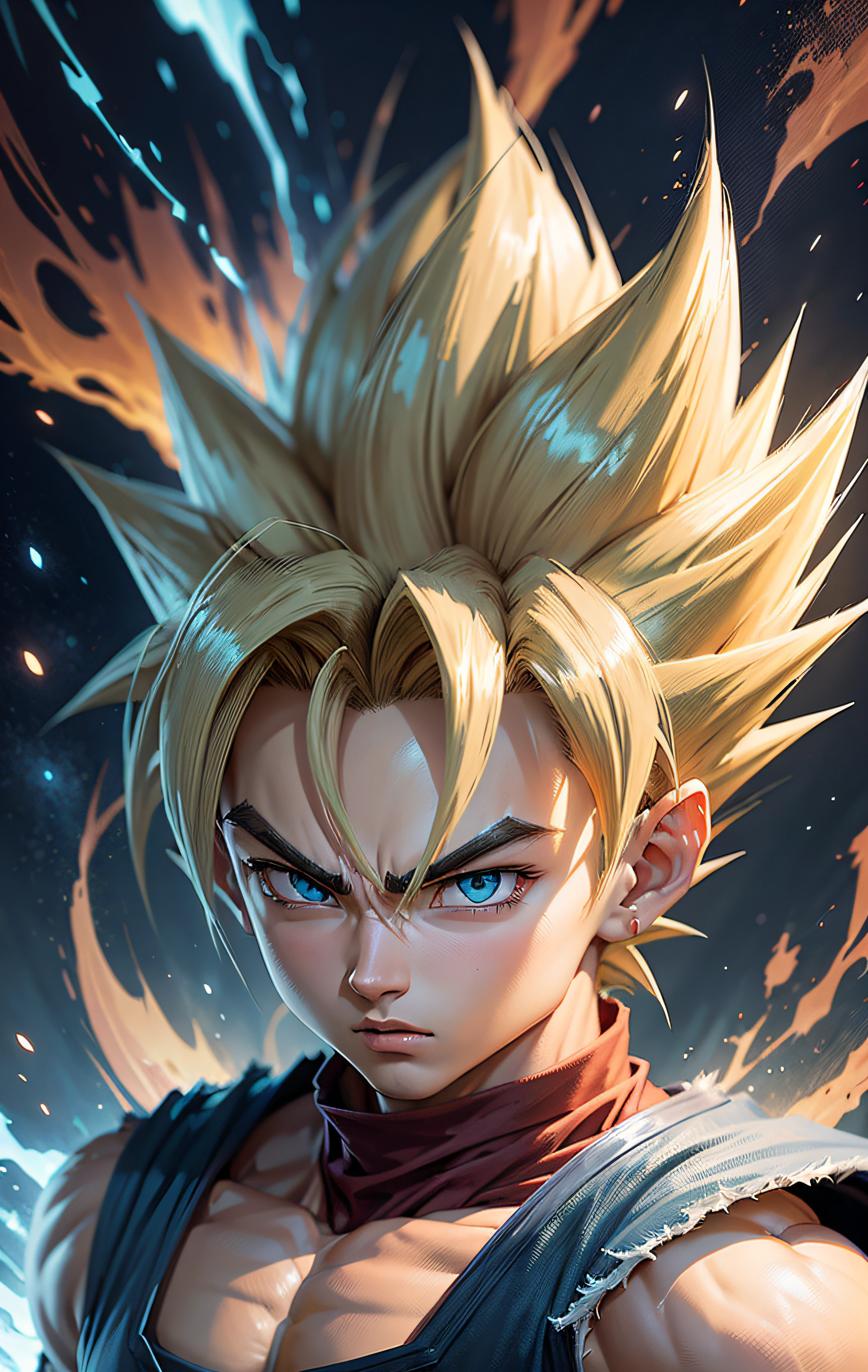 a cartoon image of a very young gohan with black hair, transforming into super blue saiyan, son goku, dragonball character,