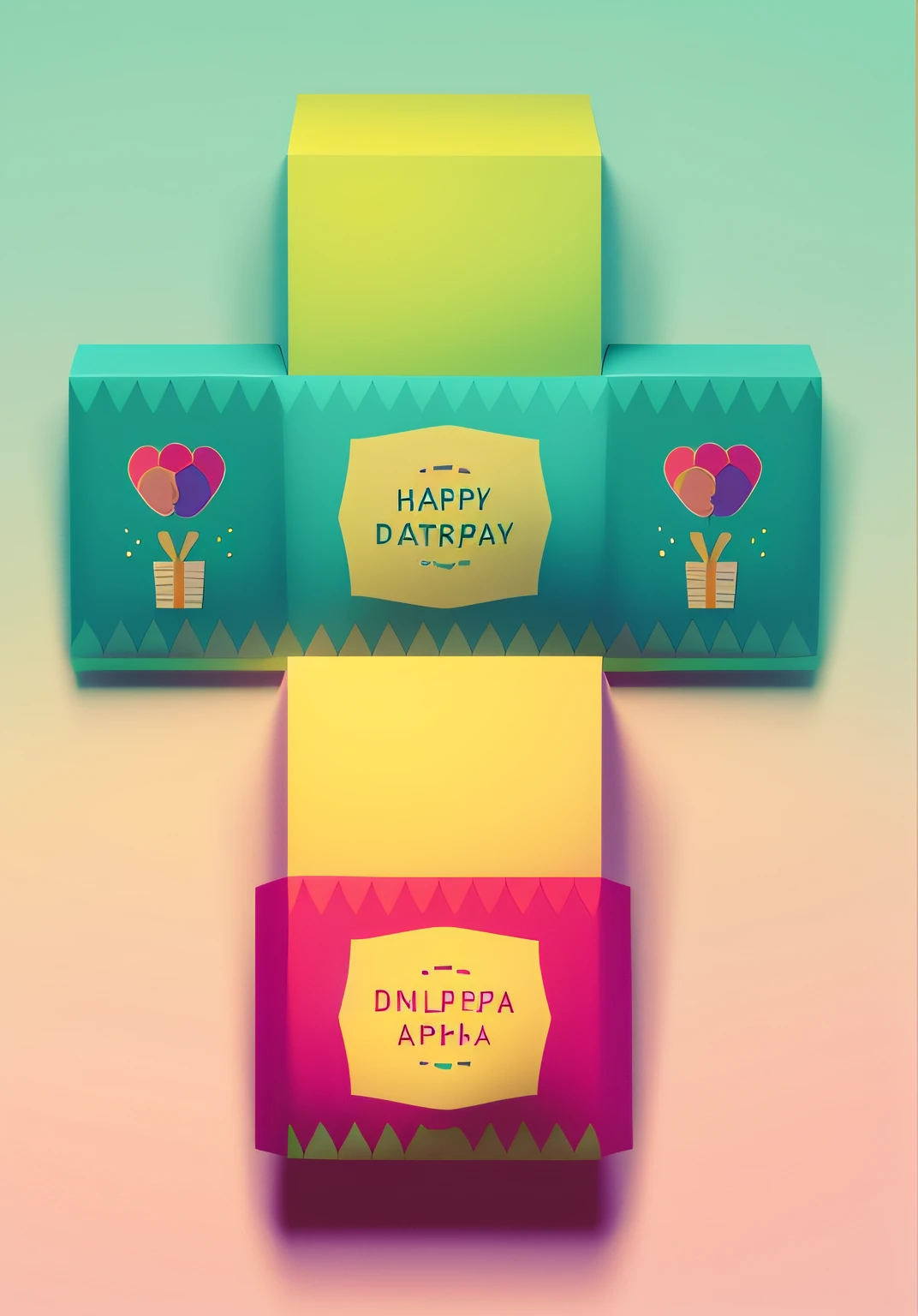 A close-up of a box,There is a birthday card inside, birthday card, made with illustrator, The birthday cake, birthday wrapped presents, birthday, happy birthay, made in adobe illustrator, happy color, cheerfulness!!!, Birthday party, template, balloon, Package cover, Happy mood, Cute:2, cheerfulness, Wrap, Blue-green paper, Created in Adobe Illustrator
