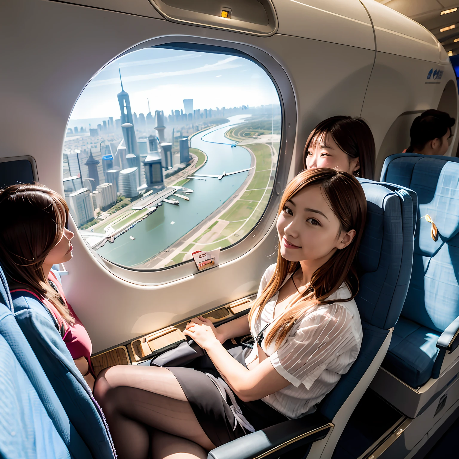 The aircraft altitude is 10,000 meters，A group of -yeld beiful women sit by the window of a large Airbus A380 aircraft，Aerial view of Shanghai