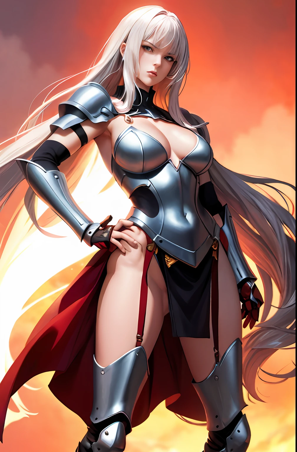 Master anime works,An impeccable masterpiece,8K picture quality: A mature female warrior standing on plain red background in cool sexy armor,Female boss,Flowing silver hair,Full-body standing,Slender legs,Straight breasts,Detailed facial details,Naturally beautiful standing,Vivid and authentic body details