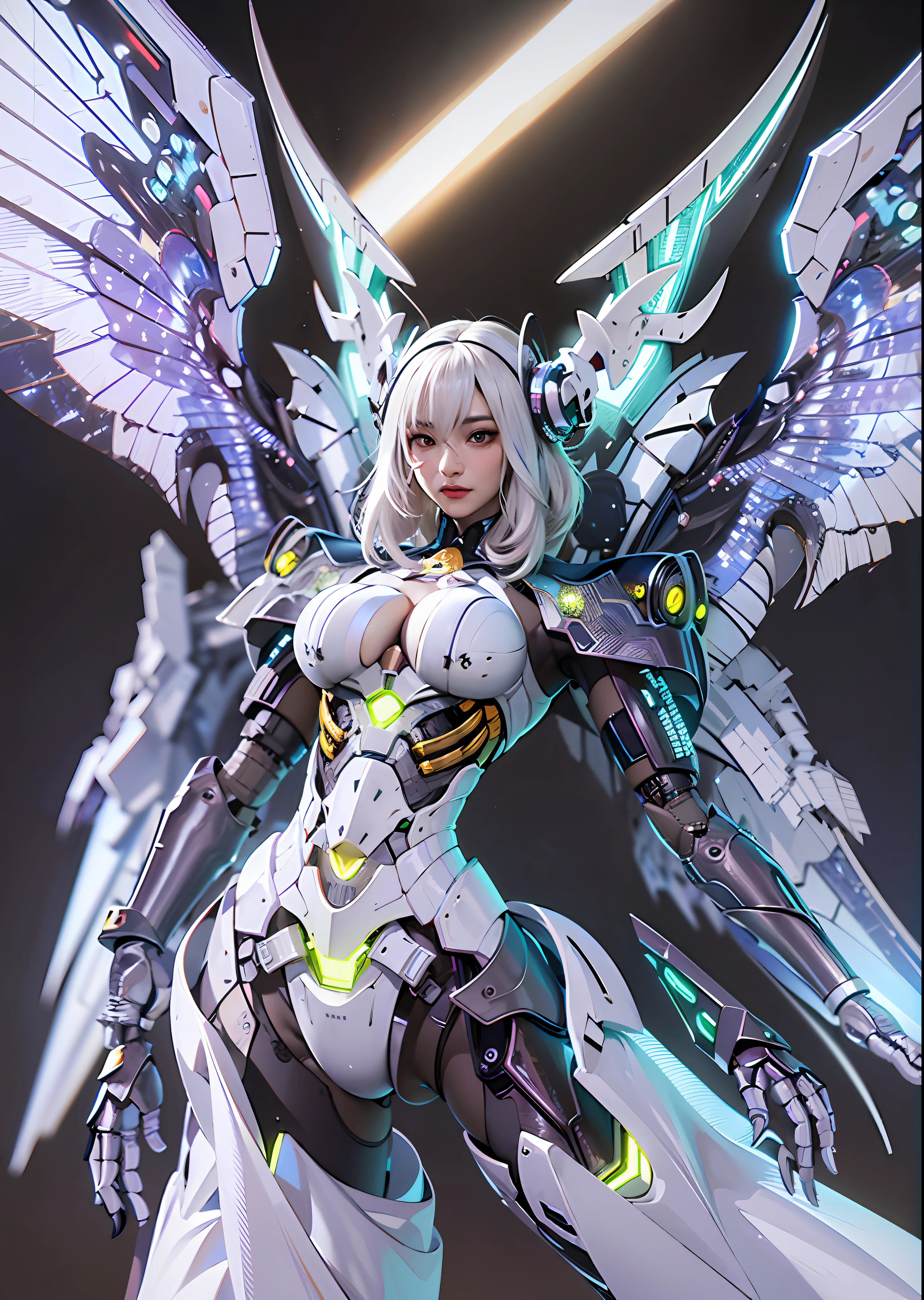 top-quality、​masterpiece、超A high resolution、(Photorealsitic:1.4)、Raw photo、Battle Cyborg Angel、large wings made of metal、White porcelain body、Acrylic Clear Cover、white  hair、glowy skin、1 Cyborg Girl、((super realistic details))、portlate、globalillumination、Shadow、octan render、8K、ultrasharp、character edge light,Colossal tits、Raw skin is exposed in cleavage、Details of complex ornaments、Greek、Hydraulic cylinder、Small LED lamp、highly intricate detail、Realistic light、a purple eye、radiant eyes、Facing the camera、neon details、cowboy  shot、Futuristic headgear、About Cyberpunk、、