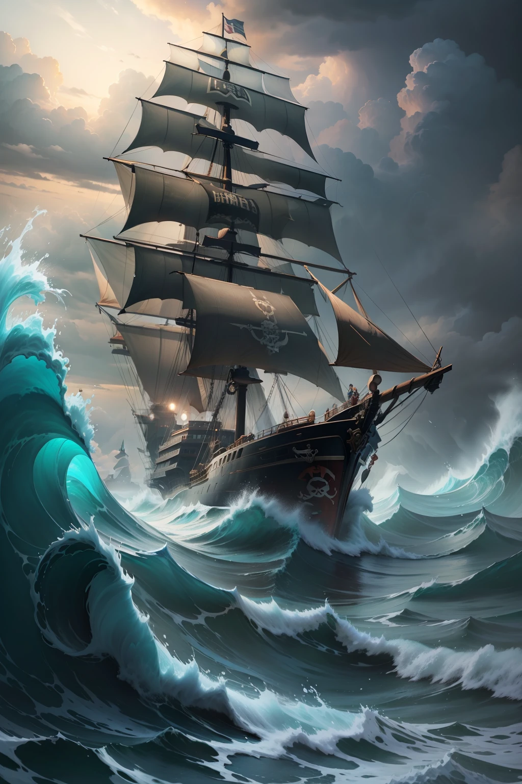 On the eve of the storm，A ship
Pirate ships sail through rough seas
Rough waves。