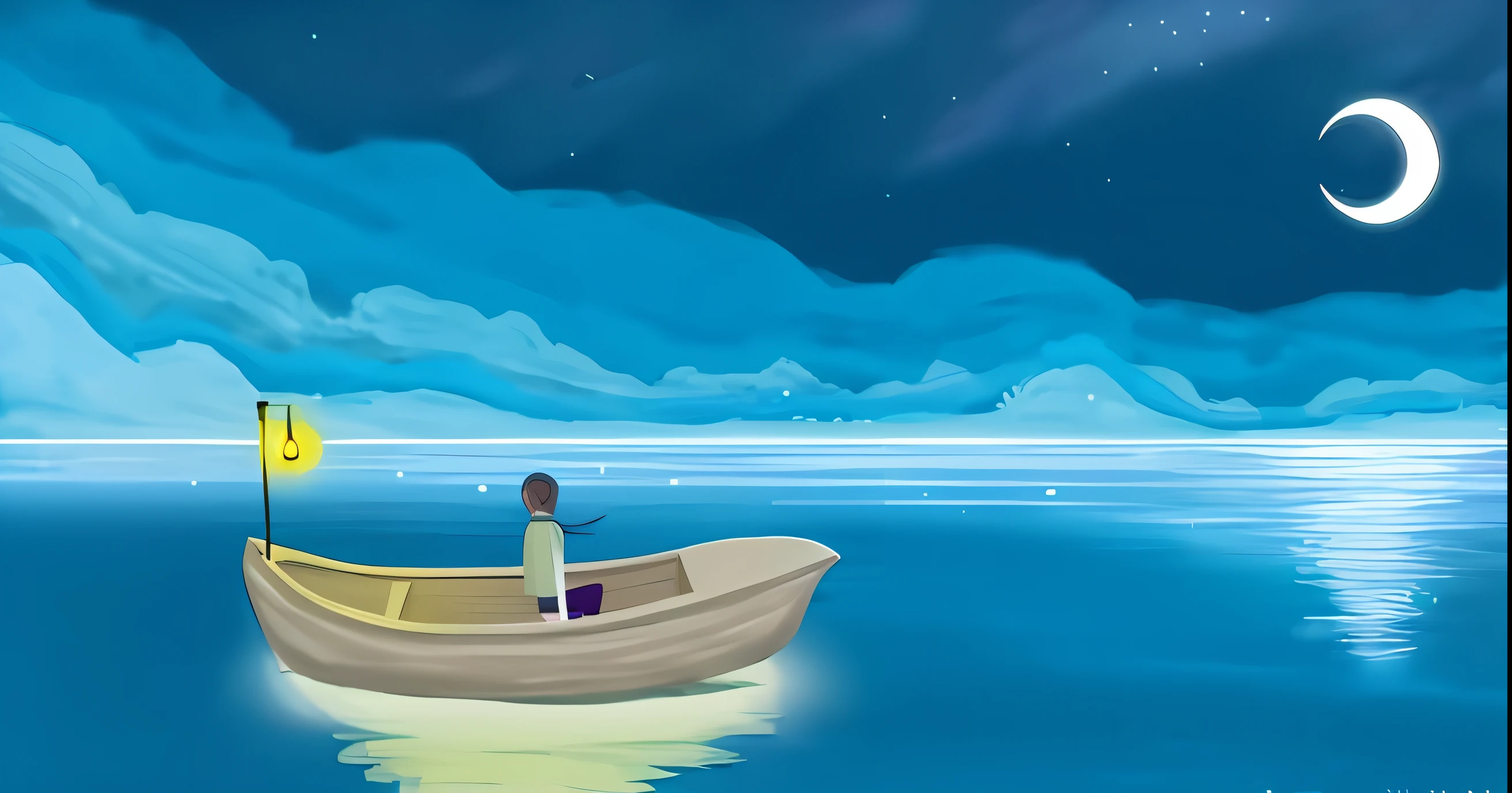 Draw a girl in a boat on the lake at night, animated movie still, animated movie still, animated still, animated still, calm evening. Digital illustration, Animated Movies, Animated Movies, one small boat, on the calm surface of the lake, small boat, disney 2d animation still, animation still screencap, anime still frame, animated movie still, Peaceful environment