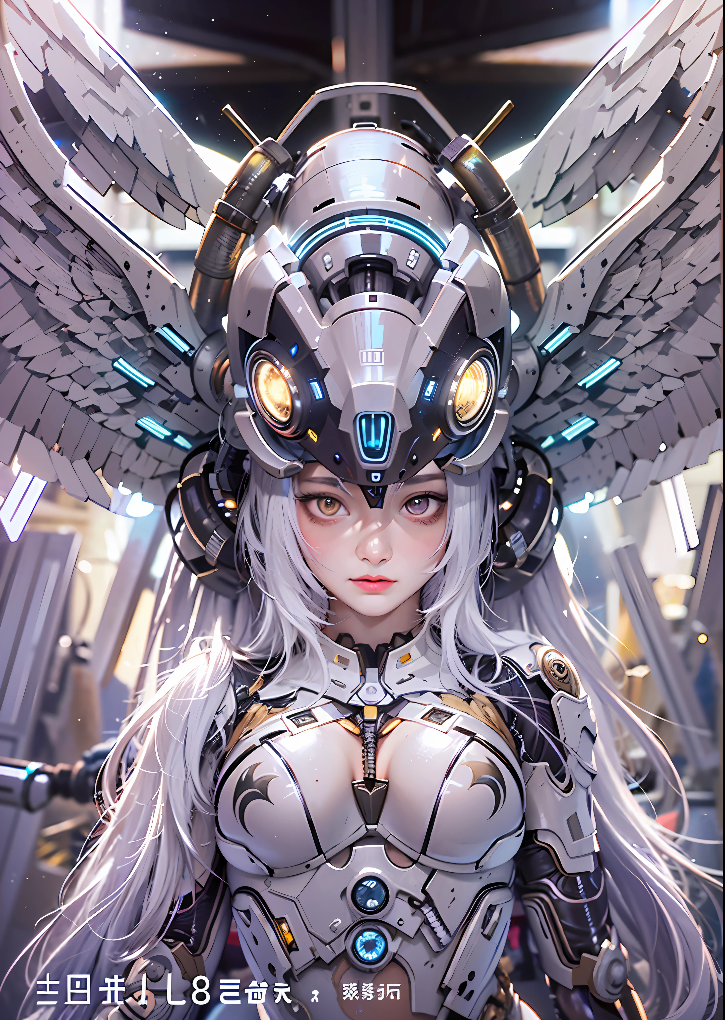 top-quality、​masterpiece、超A high resolution、(Photorealsitic:1.4)、Raw photo、Battle Cyborg Angel、large wings made of metal、White porcelain body、Acrylic Clear Cover、white  hair、glowy skin、1 Cyborg Girl、((super realistic details))、portlate、globalillumination、Shadow、octan render、8K、ultrasharp、character edge light,Colossal tits、Raw skin is exposed in cleavage、Details of complex ornaments、Greek、Hydraulic cylinder、Small LED lamp、highly intricate detail、Realistic light、a purple eye、radiant eyes、Facing the camera、neon details、cowboy  shot、Futuristic headgear、About Cyberpunk、、