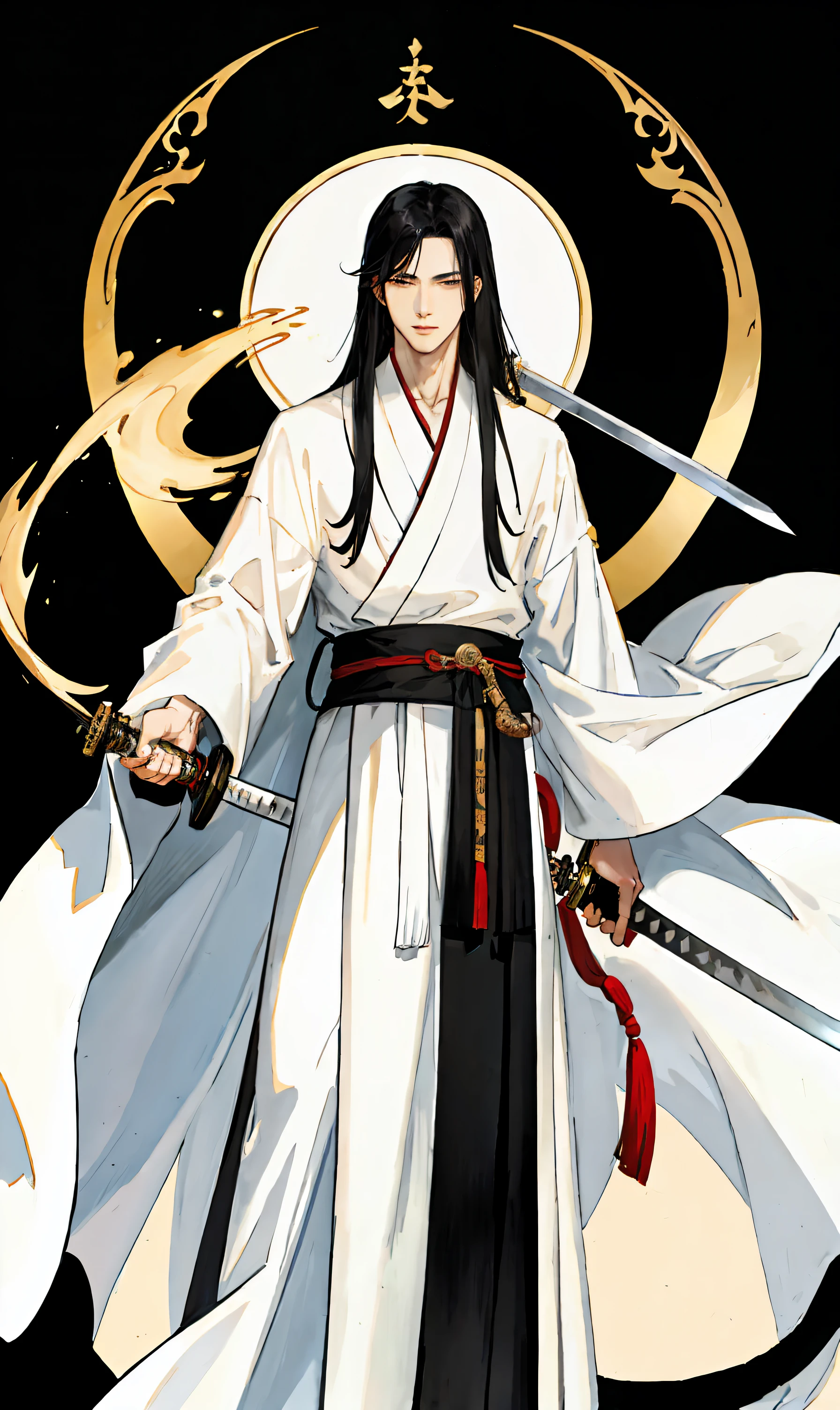 Long black hair,White robes,Oriental swordsman,Handsome boy,ssmile,Peaceful atmosphere,emaciated,The body is slender,Beautiful gesture,Long sword in hand