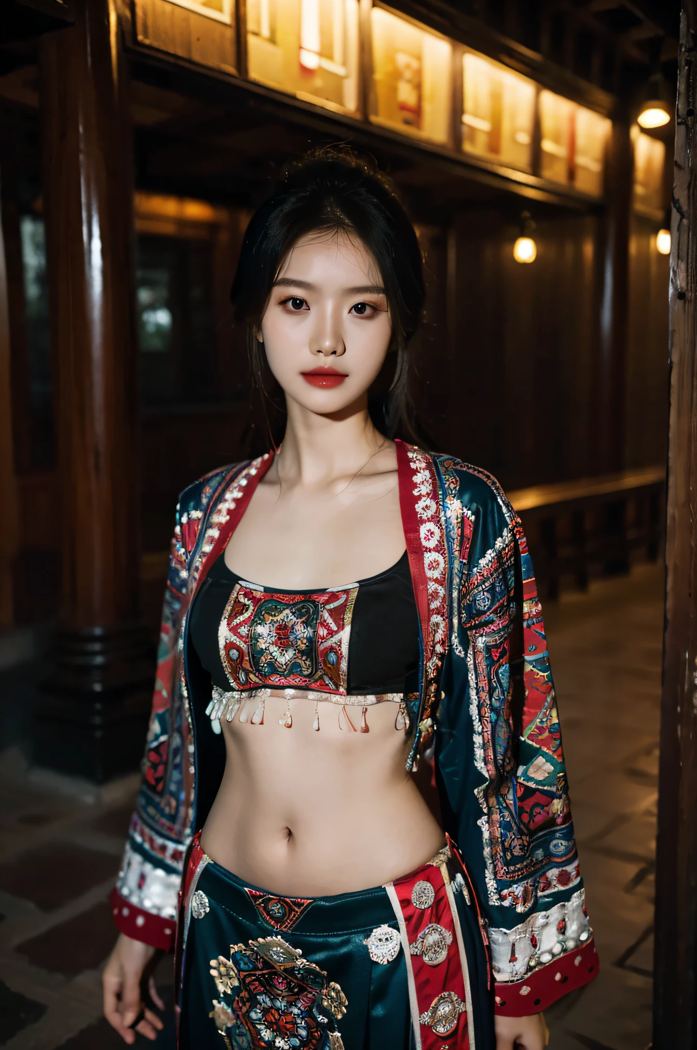 （Hyperrealistic,）4K,35mm，hyper-high detail, Professional lighting, Best quality, 超高分辨率, Visually stunning, (1girll:1.1), （Hmong clothing ）,realskin,（Perfect body 1.3）（Ultra-delicate face），Open navel