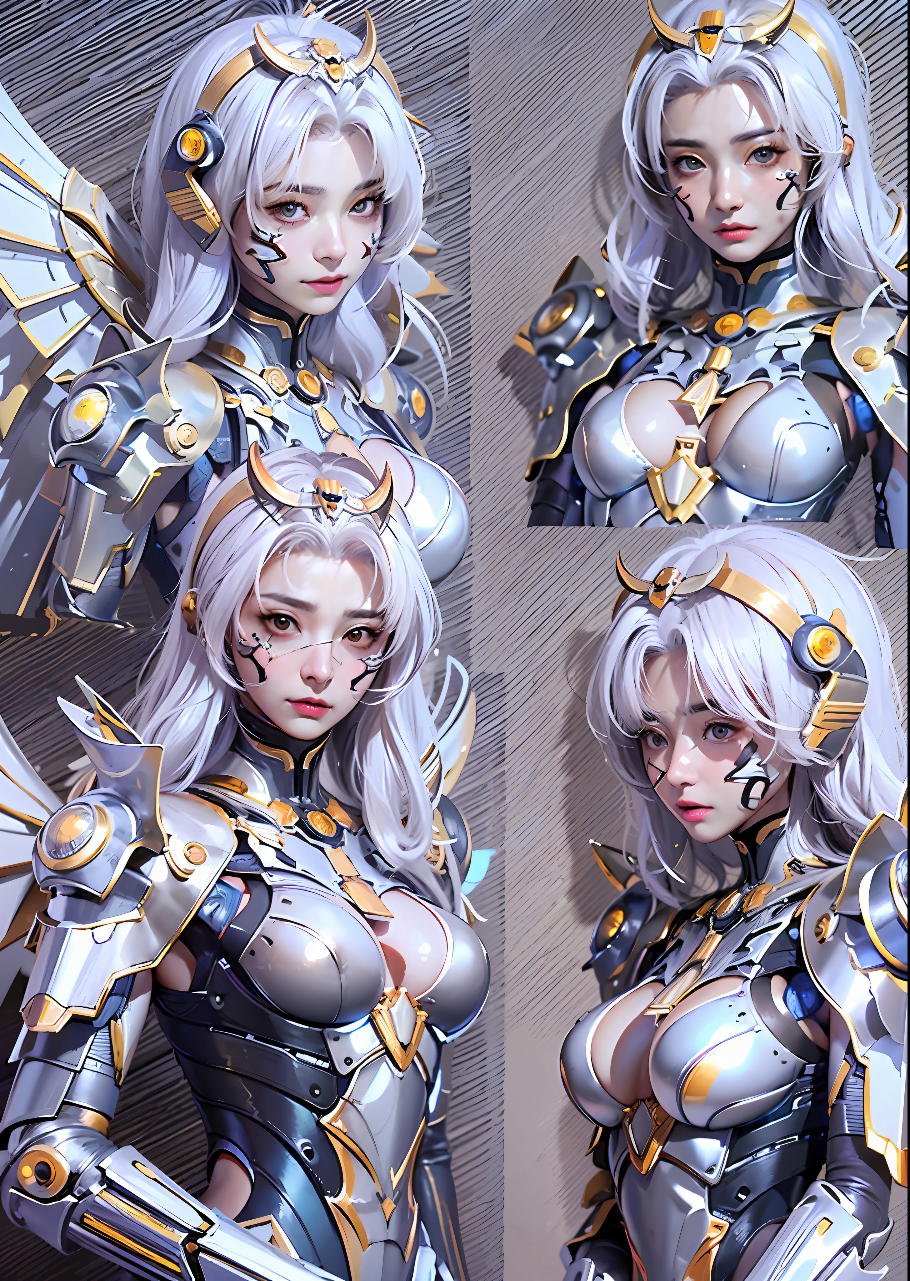 top-quality、​masterpiece、超A high resolution、(Photorealsitic:1.4)、Raw photo、Battle Cyborg Angel、large wings made of metal、White porcelain body、Acrylic Clear Cover、white  hair、glowy skin、1 Cyborg Girl、((super realistic details))、portlate、globalillumination、Shadow、octan render、8K、ultrasharp、character edge light,Colossal tits、Raw skin is exposed in cleavage、Details of complex ornaments、Greek Detail、Hydraulic cylinder、Small LED lamp、highly intricate detail、Realistic light、a purple eye、radiant eyes、Facing the camera、neon details、cowboy  shot、Futuristic headgear、About Cyberpunk、、