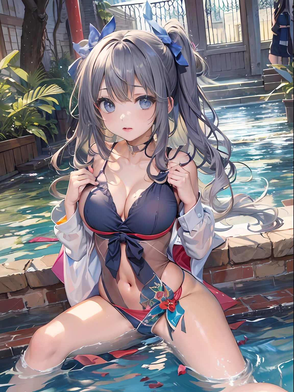 8K,NSFW、(4+Girls:1.5),masterpiece、top-quality、The ultra -The high-definition、Top resolution、ighly detailed、profetional lighting、pretty skin、Thin、a very cute、Young Face、cleavage of the breast、Underbust、Hands on the chest、a wet body, (Breasts out:1.4), A dark-haired、semi long hair、Hair Ribbon、blue eyess、red blush、(Sit on the ground:1.1)、Opening legs、raise her legs、 a navel、frombelow、a wet body、(Breasts out:1.4)、swim wears、 swimming pools、 (the wind:1.3),full bodyesbian