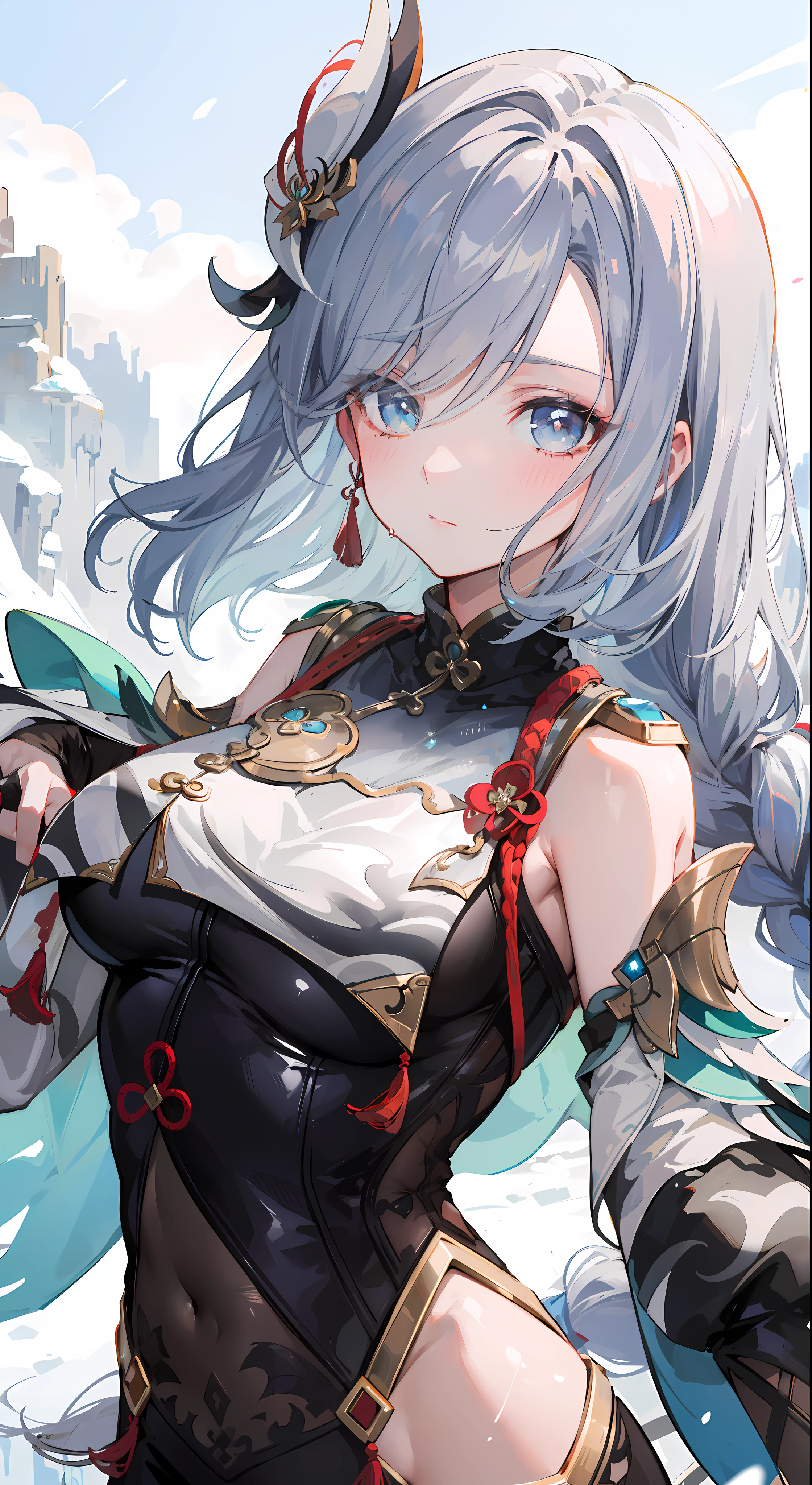 shenhedef, upper body, seductive look, blush, outdoors, snowflake scenery, looking at viewer, mountain, moody lighting, (perfect detail eyes:1.2), glowing eyes, (long hair one braid:1.2). wet armpit, exposing armpit, armpit pose, (Masterpiece, Best Quality, High Quality:1.4), professional artwork, Intricate Details, field of view, sharp focus, detailed painting, photorealistic lighting, trending on pixiv, (vivid lighting, vibrant colors:1.05), realistic shadows, ambient occlusion